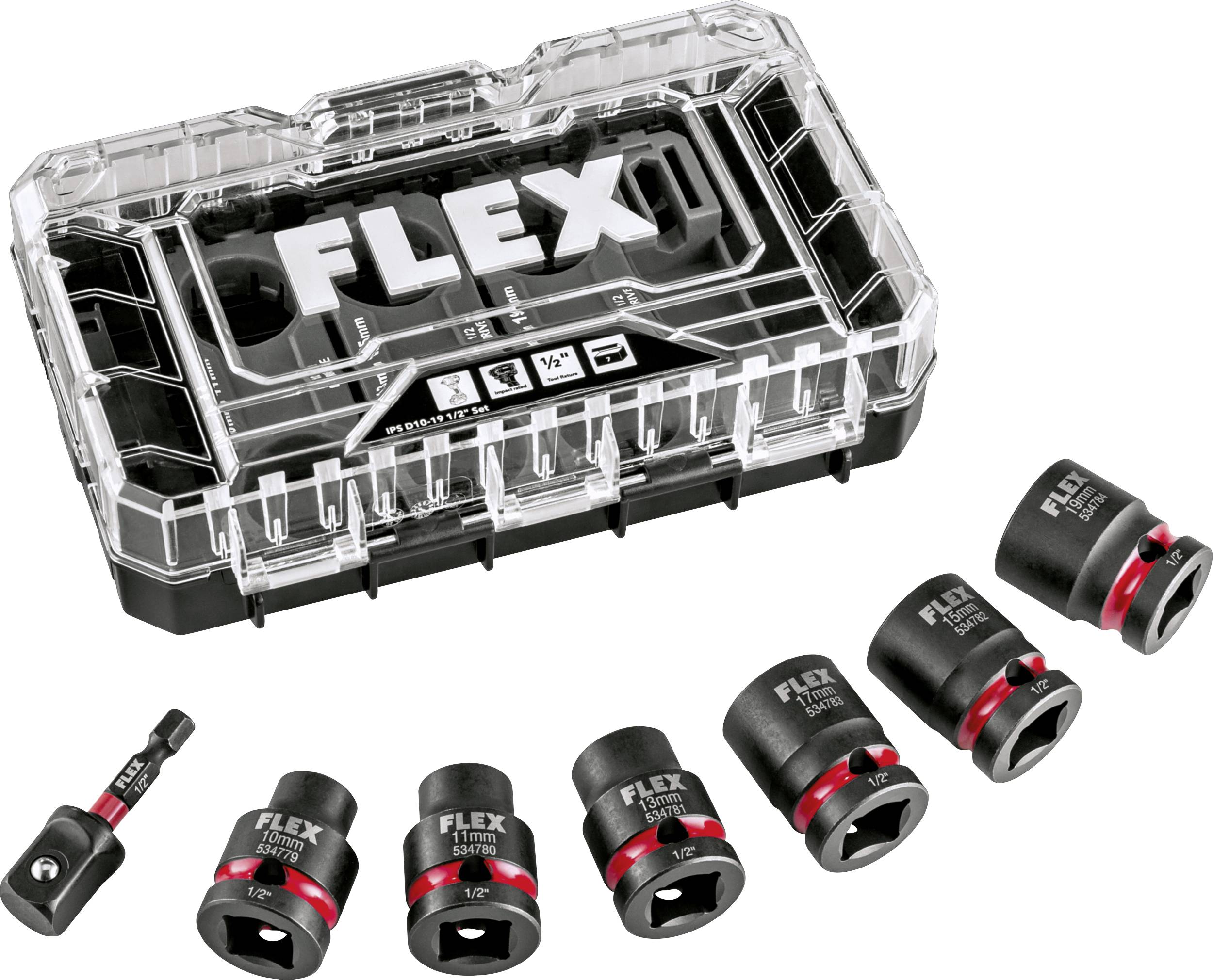 Flex tool accessory set with a clear storage case and several black socket adapters, including a drill adapter and impact sockets.