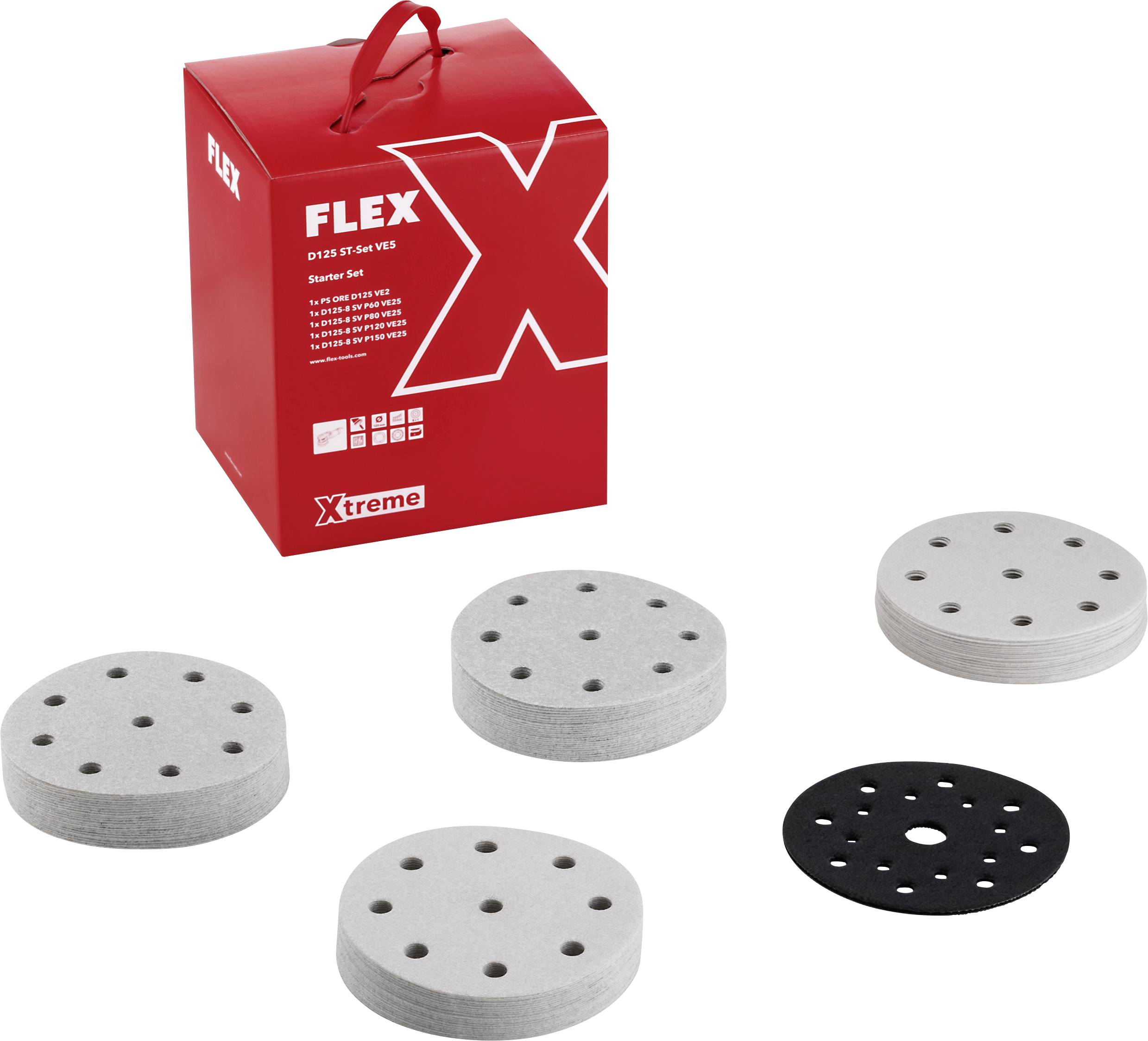 Red FLEX Xtreme starter set box with five circular sanding pads in different grits, shown on a white background.