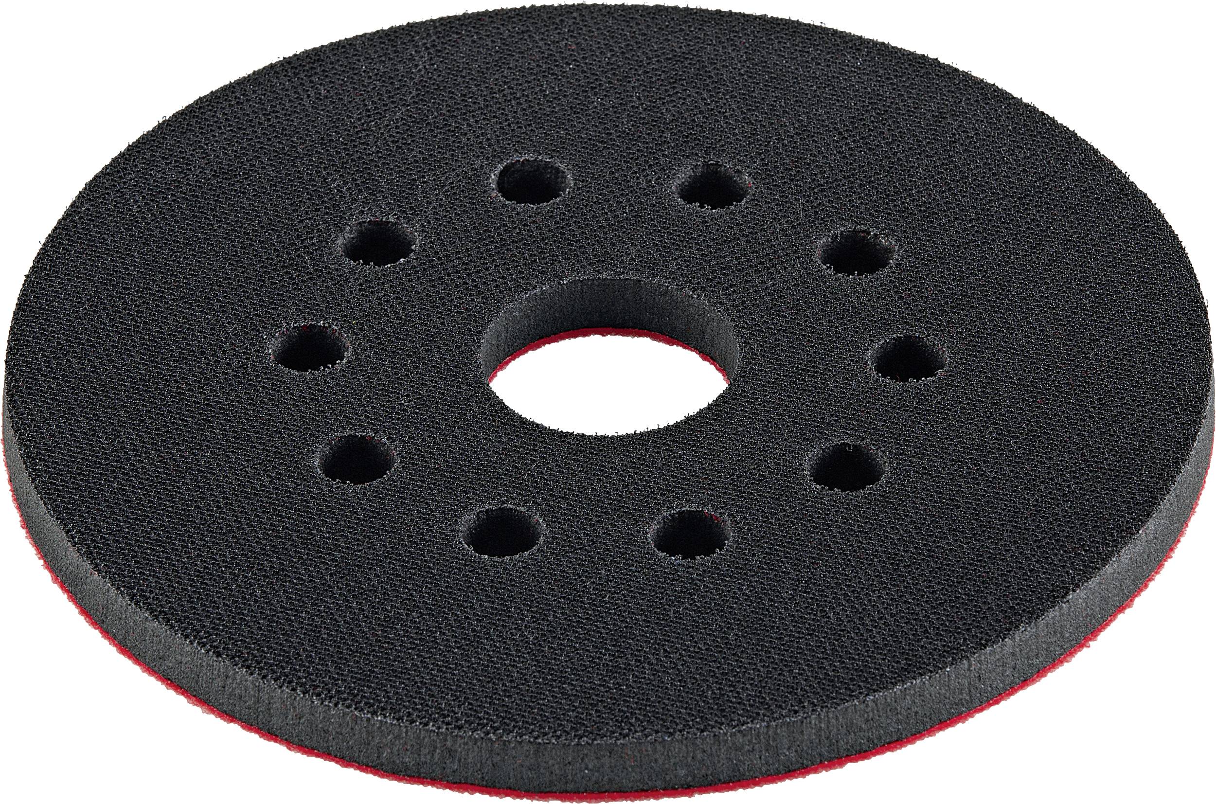 Black circular hook-and-loop sanding pad with center hole and multiple dust extraction holes, shown on a white background.
