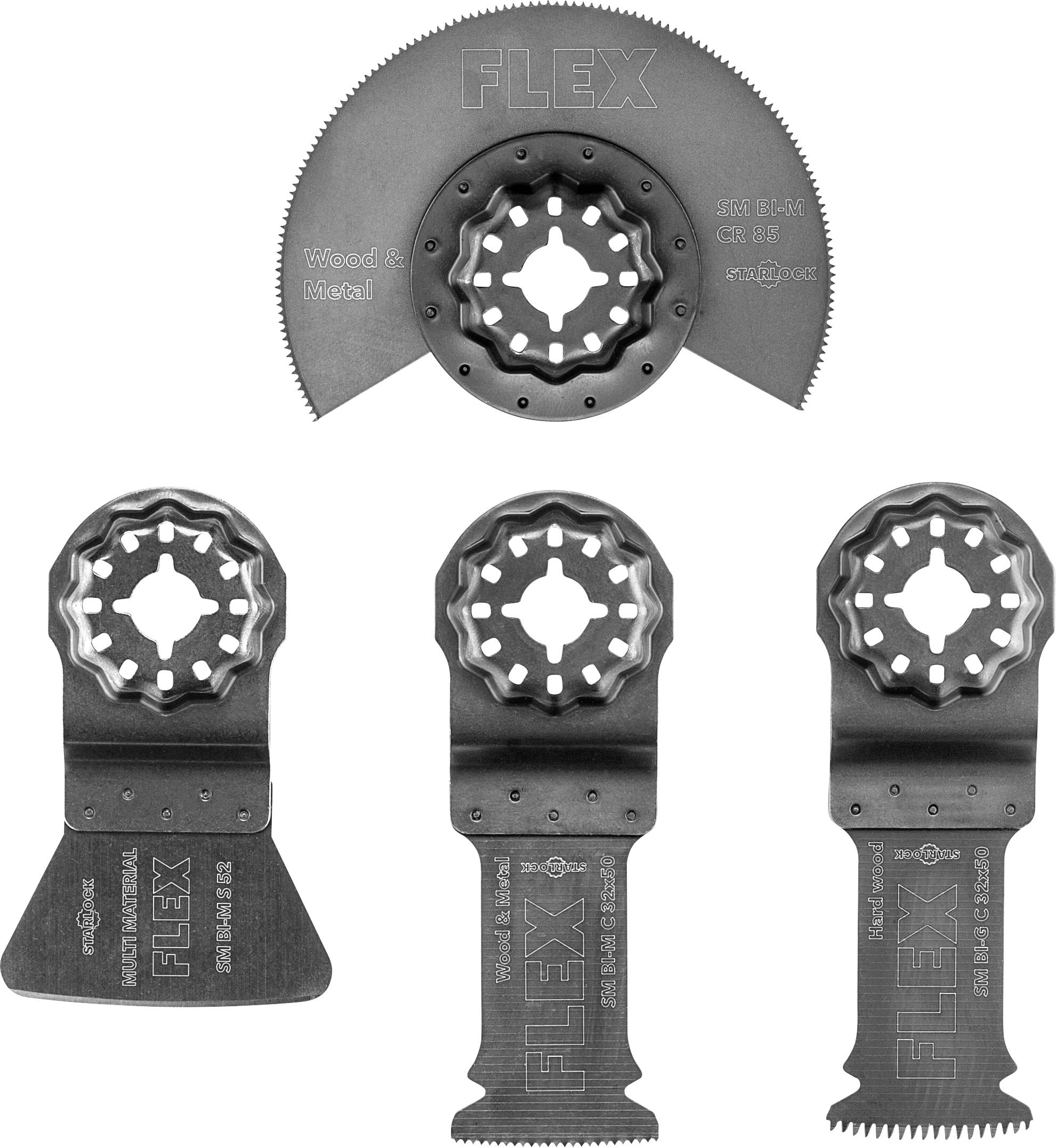 Product photo of FLEX oscillating tool blades: one semicircular saw blade and three different scraper/knife attachments for wood and metal.