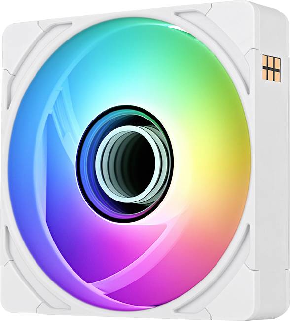 Colorful computer cooling fan with a circular rainbow LED ring around a central black fan opening in a white square case.