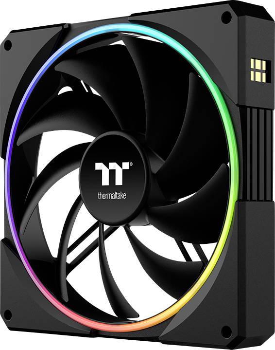 Black Thermaltake computer cooling fan with RGB light ring and seven blades on a square frame.