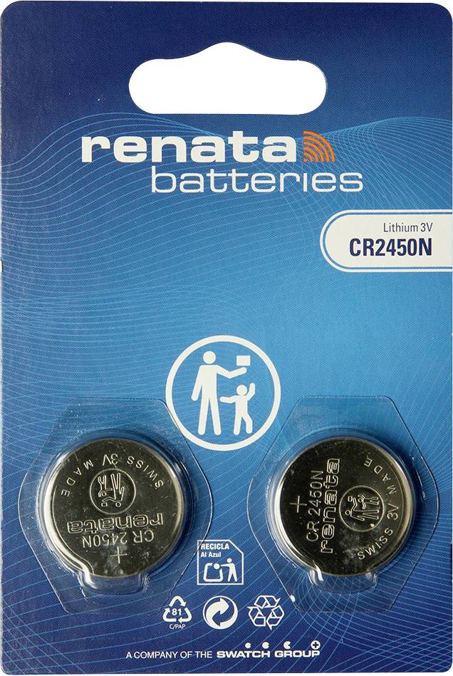 Package of Renata batteries with two lithium 3V CR2450N coin cells in a blue blister pack.