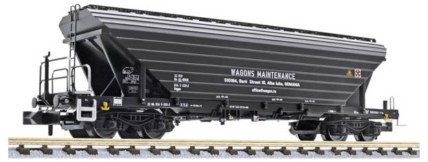 Black freight rail hopper car labeled 'WAGONS MAINTENANCE' on tracks, shown in side view on a white background.
