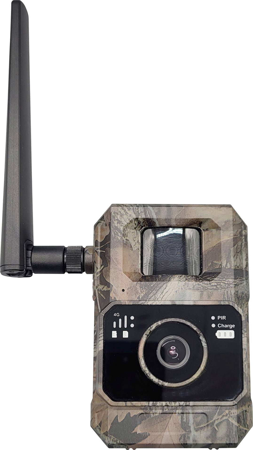 Camouflage trail camera with antenna, showing infrared sensor window, status lights, and large lens/button on the front.