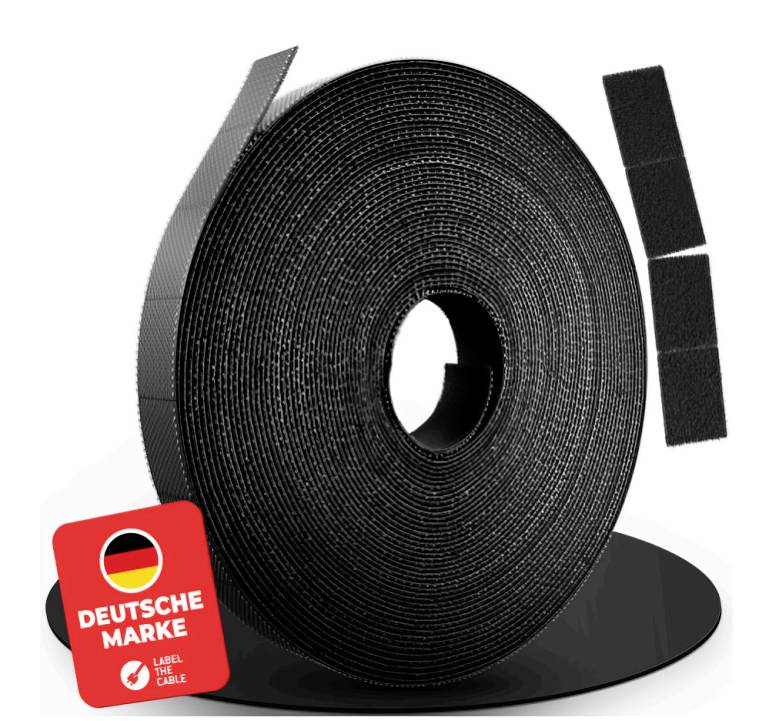 Black hook-and-loop tape roll with adhesive strips, shown on a white background with a red 'DEUTSCHE MARKE' label.