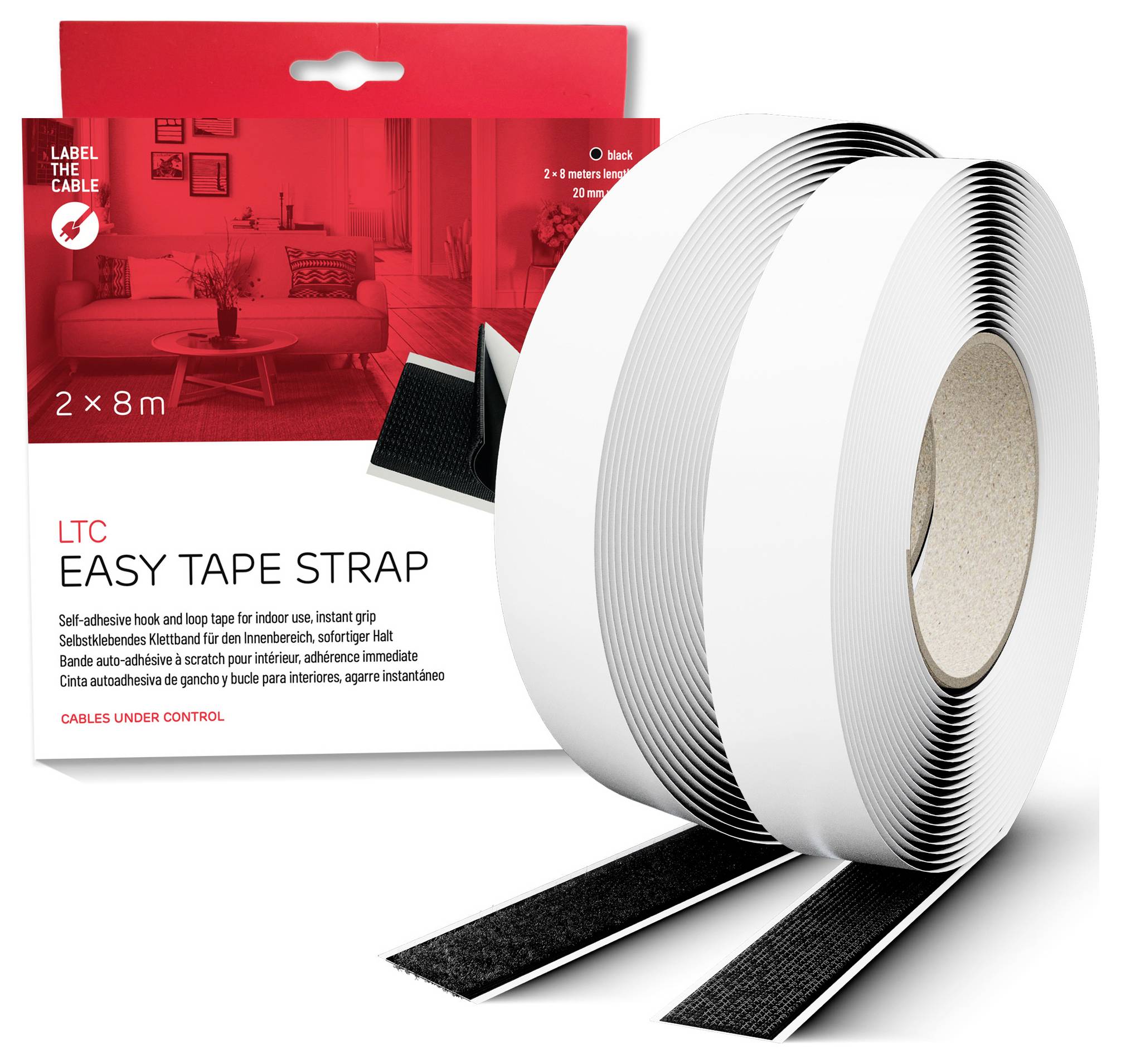 Package of LTC 'EASY TAPE STRAP' self-adhesive hook-and-loop tape, 2 x 8 m roll shown with black strip ends.