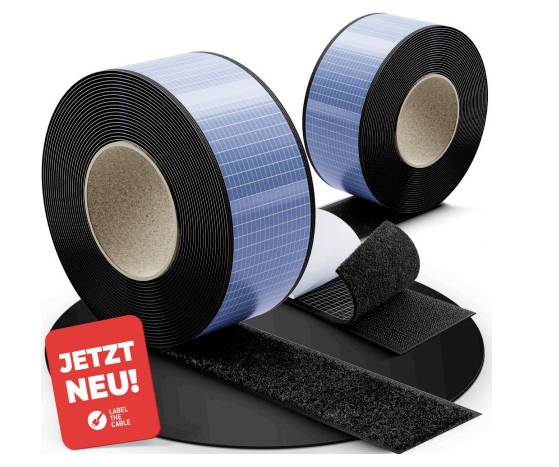 Two large rolls of blue-backed hook-and-loop cable fastening tape with a black strap strip, plus a red label reading 'JETZT NEU!' and 'LABEL THE CABLE'.
