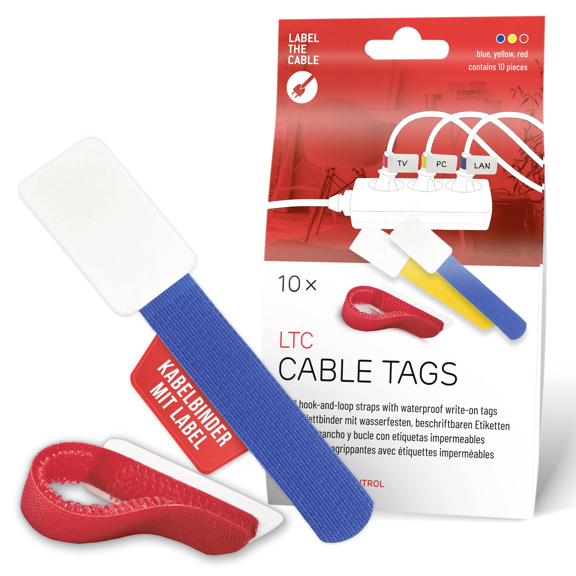 Package of 10 LTC cable tags with blue, red, and yellow hook-and-loop straps and blank write-on labels for cable identification.
