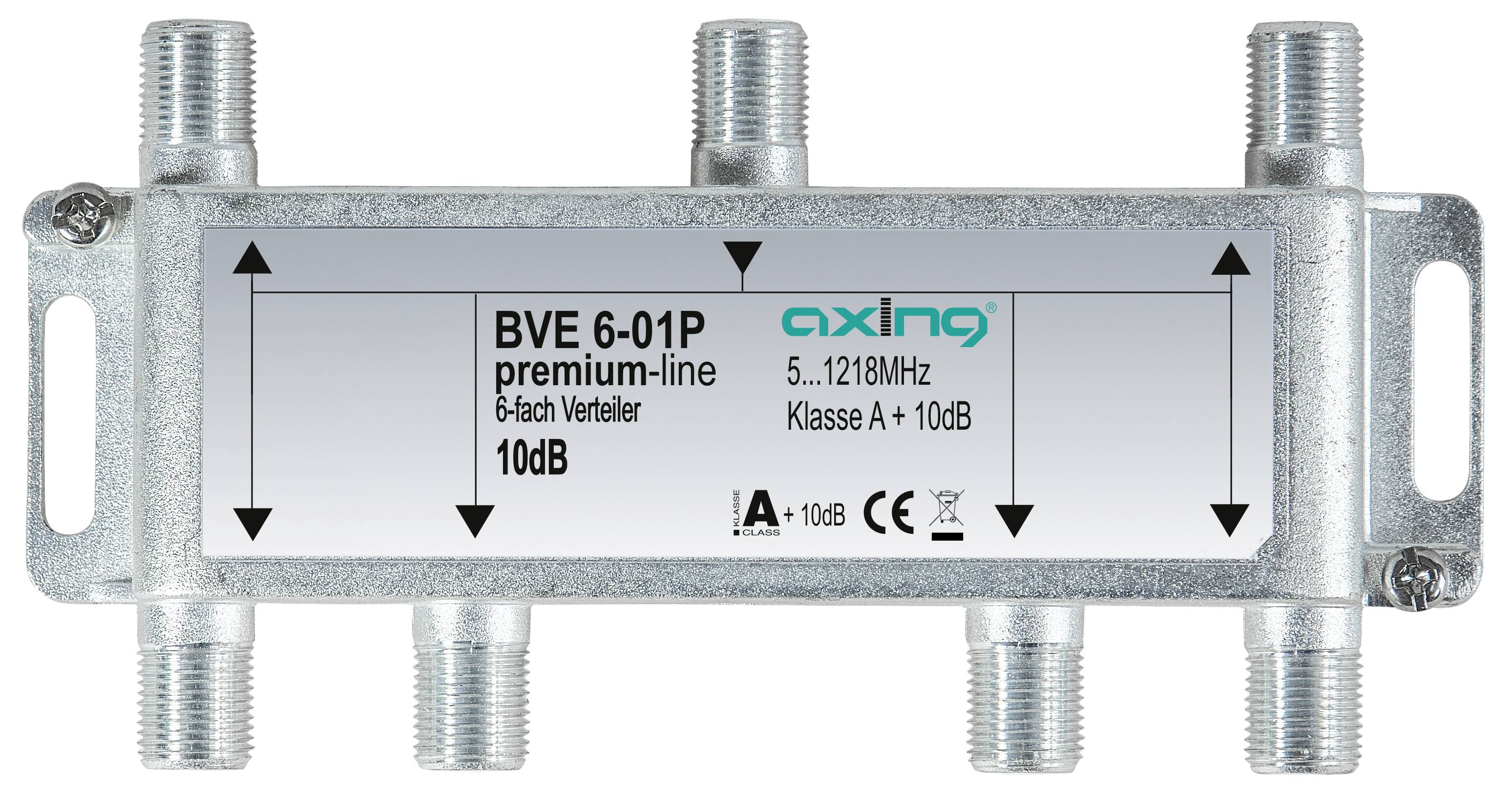Metal coaxial splitter labeled 'BVE 6-01P premium-line' by axing, 6-way 10 dB distribution amplifier with six threaded ports.