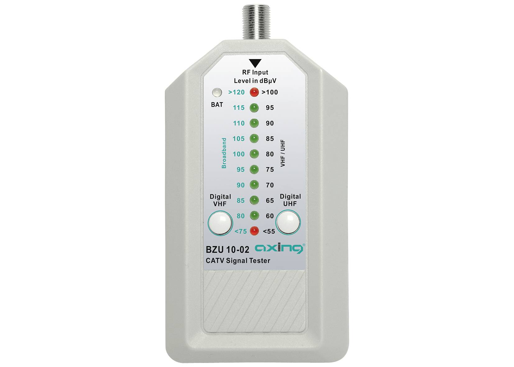 Front view of a CATV signal tester device labeled 'RF input level in dBµV,' with LED level indicators for digital VHF/UHF and a coax connector on top.