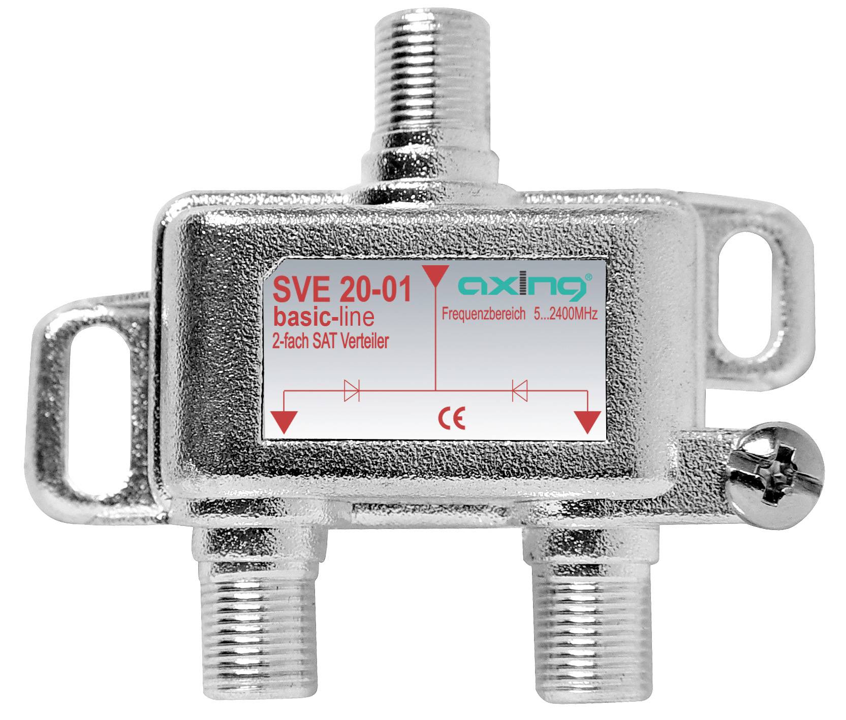 Metal coaxial TV splitter with three threaded connectors and a label reading 'SVE 20-01 basic-line 2-fach SAT Verteiler'.
