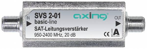 Metal satellite line amplifier labeled 'SVS 2-01 basic-line' and 'SAT-Leitungsverstärker', with IN and OUT coaxial connectors, 950-2400 MHz, 20 dB.