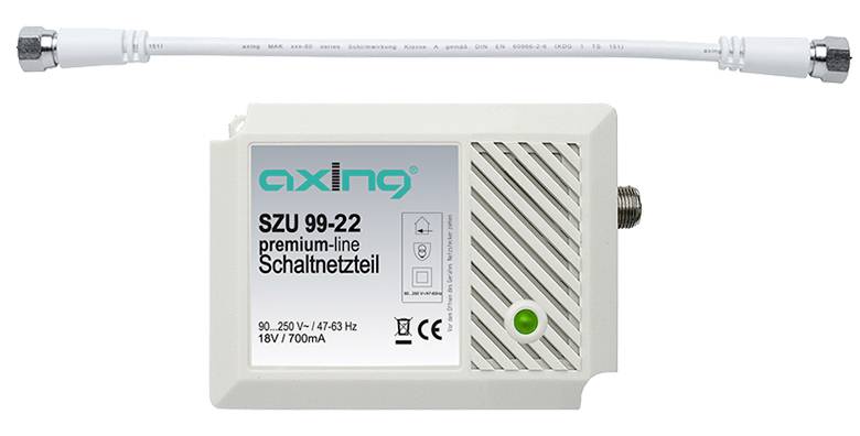 White AXING SZU 99-22 premium-line switch power supply with green status light and attached coaxial cable on a plain background.