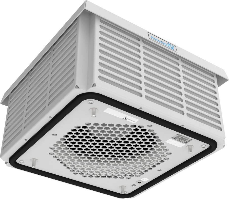 Low-angle view of a gray industrial ventilation unit with louvered sides and a honeycomb grille on the underside.