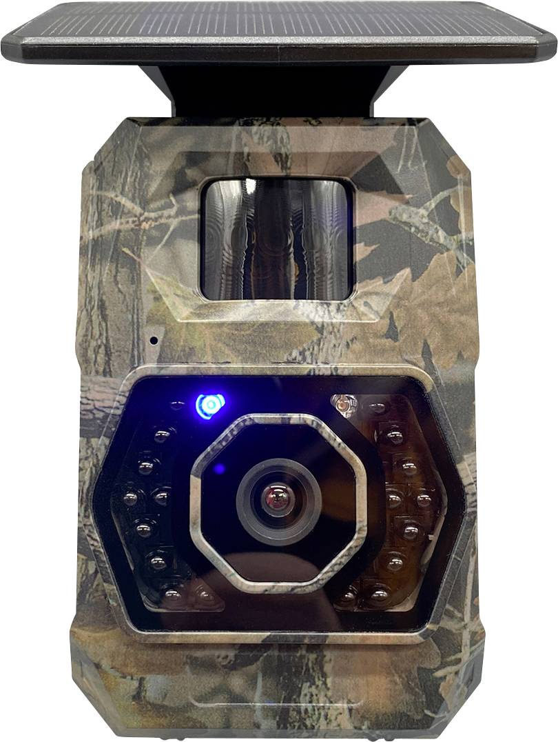 Camouflage trail camera with solar panel on top and a lens with infrared LEDs on the front.