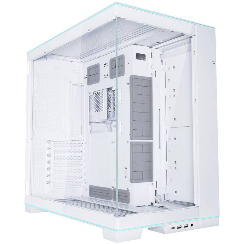 Transparent white computer case showing internal drive bays and motherboard area, viewed from the side with the front panel open.
