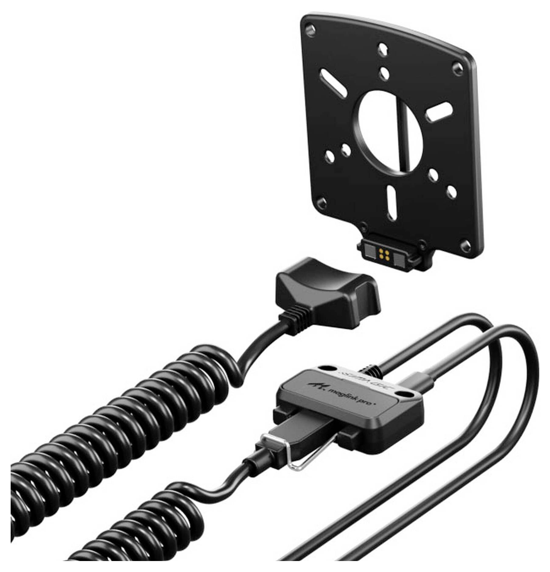 Black monitor mounting plate and attached cable kit with coiled cords and connectors on a white background.