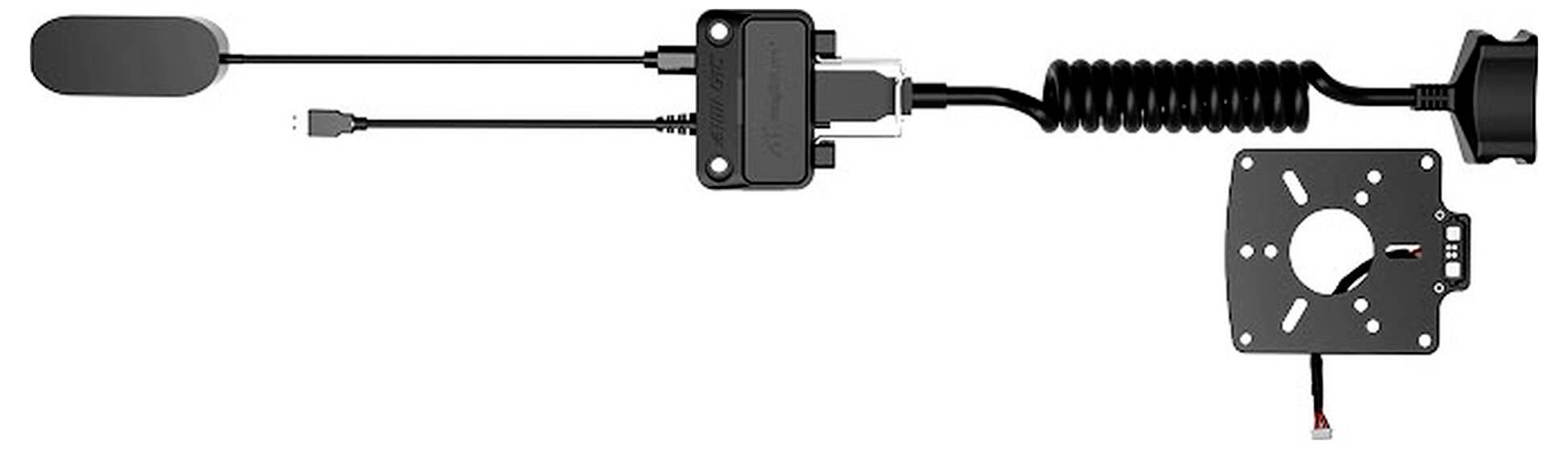 Mechanical cable control assembly with hand grip, switch housing, and mounting plate with circular cutout.