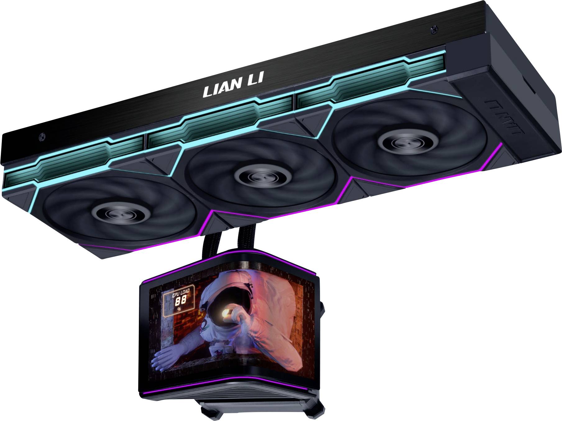 LIAN LI liquid CPU cooler with a triple-fan radiator and a square LCD pump display showing a tunnel-like visual.