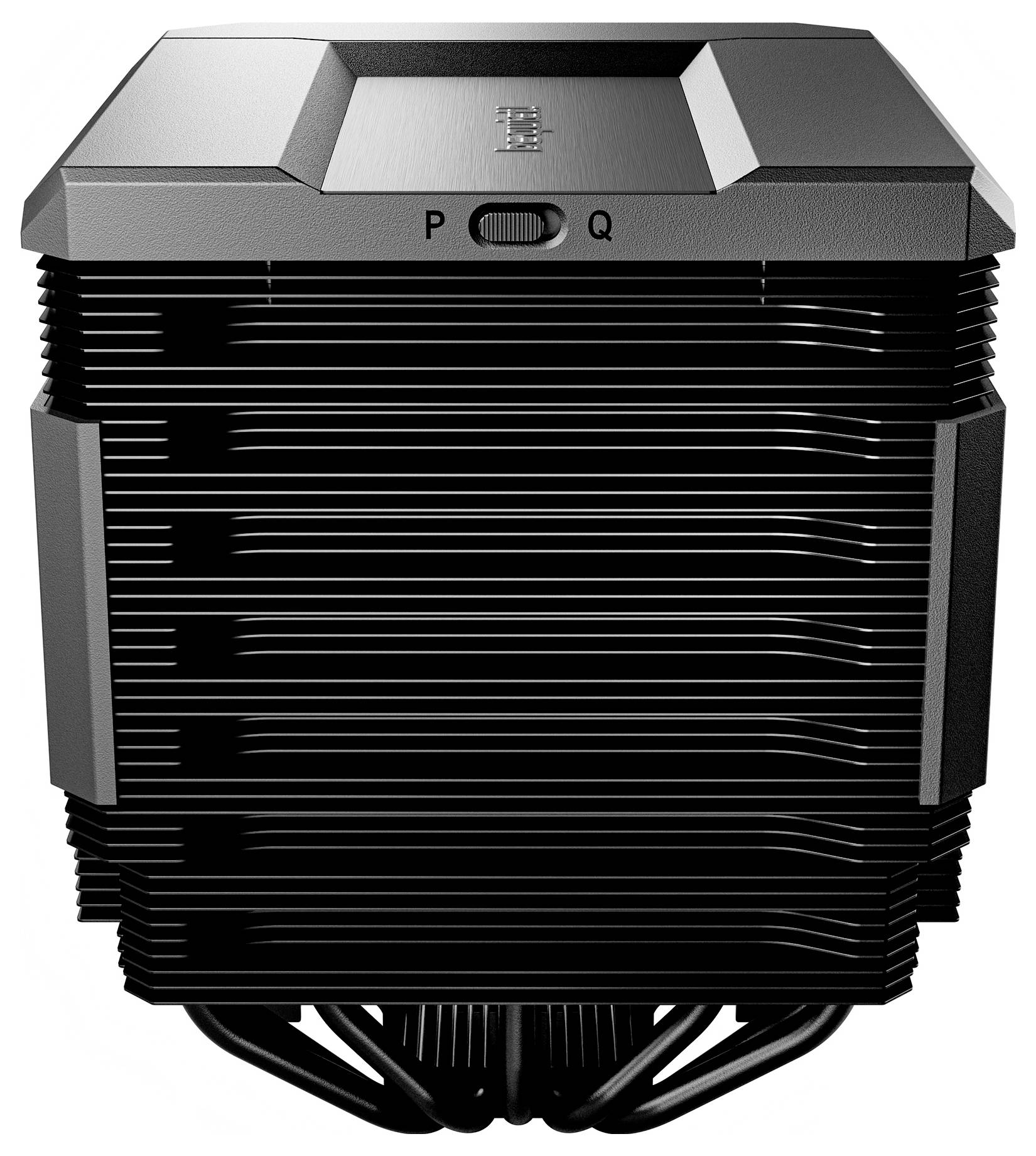 Black CPU air cooler with stacked fin heatsink, top fan shroud, and heat pipes visible at the base.