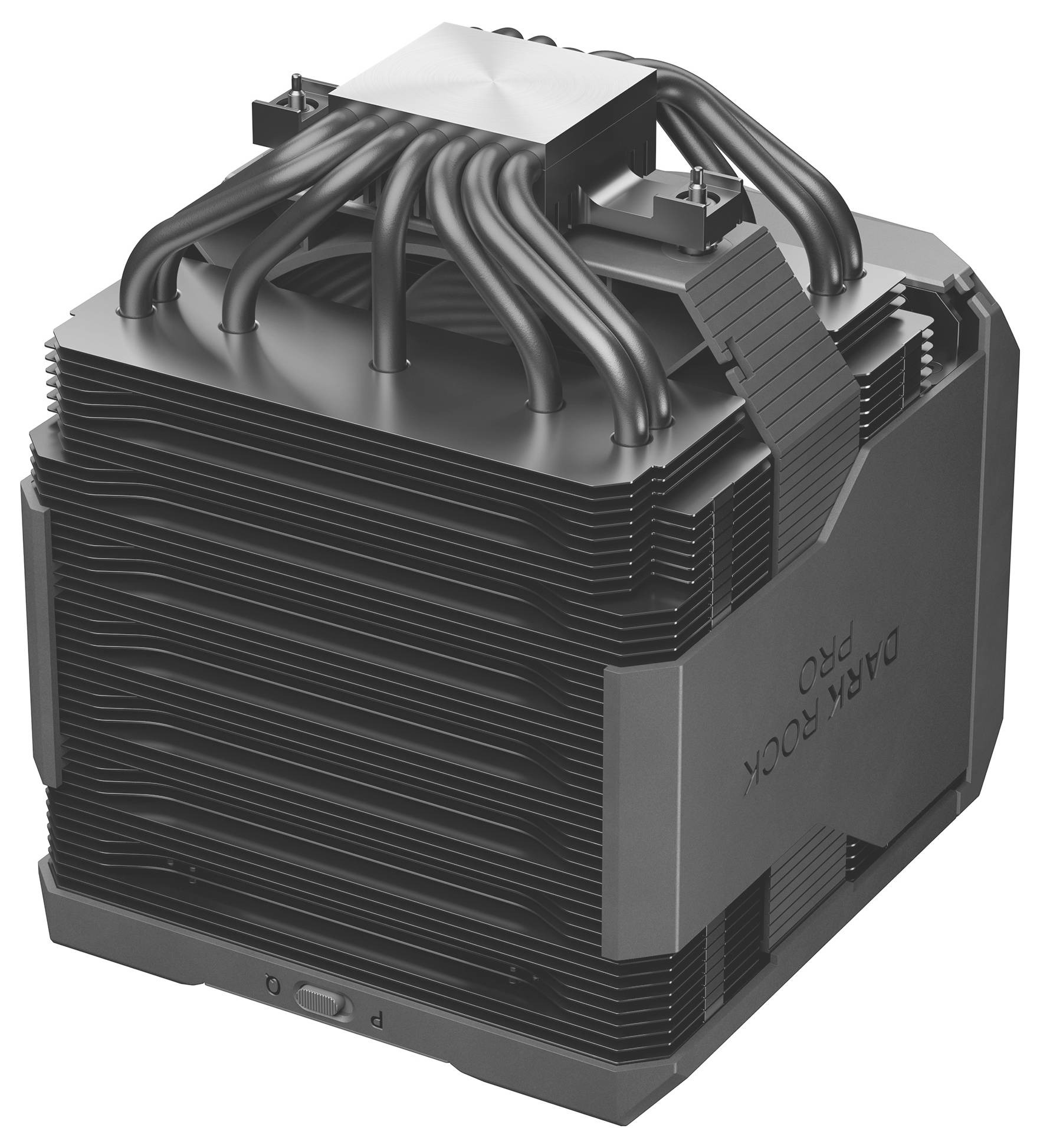 3D rendering of a large black computer air cooler/heatsink with dense fins and multiple heat pipes exiting the top, shown on a white background.