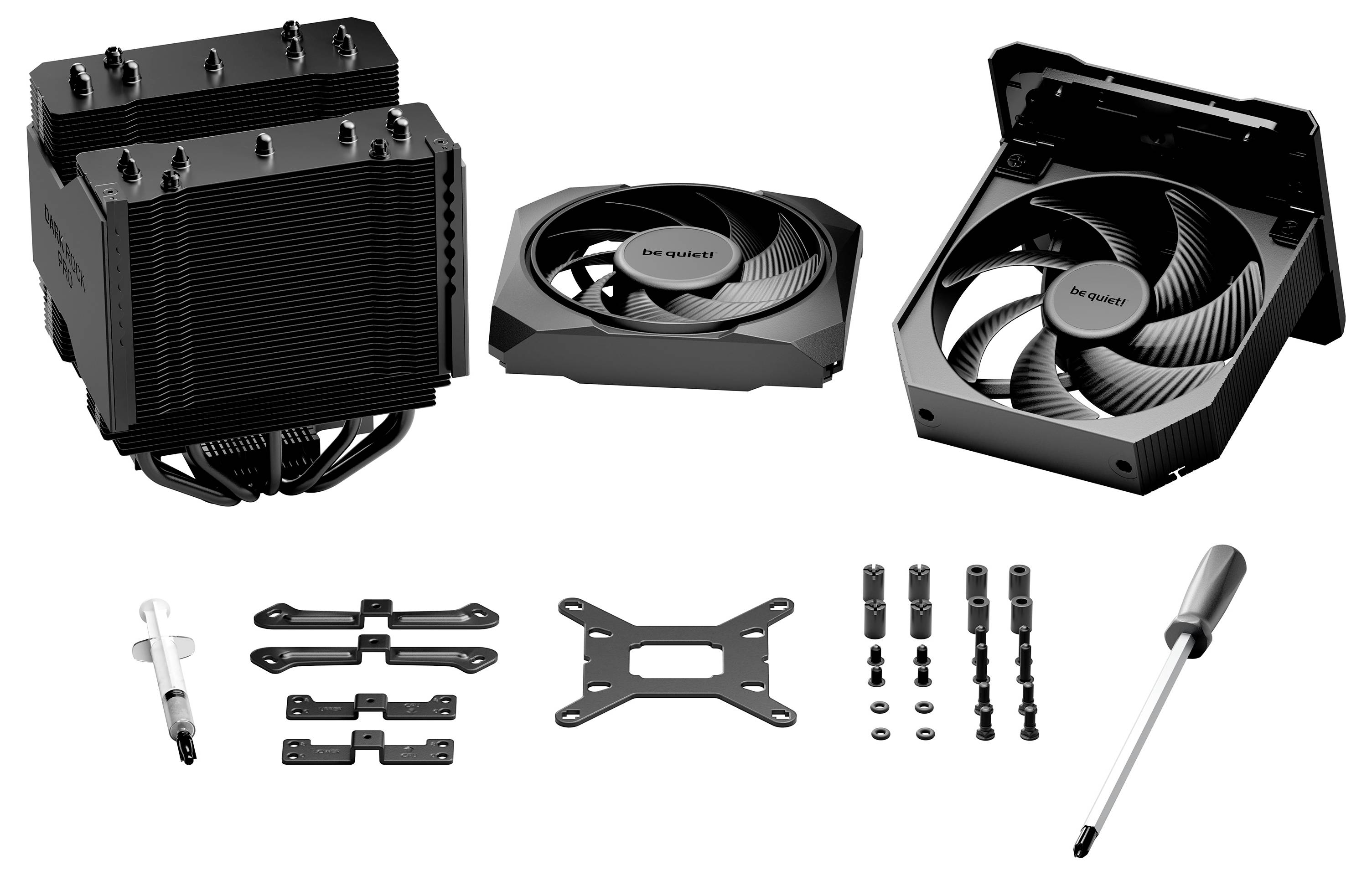 Computer cooling products: two large black tower coolers, two fans in shrouds, and mounting hardware plus screwdriver and thermal paste on white background.