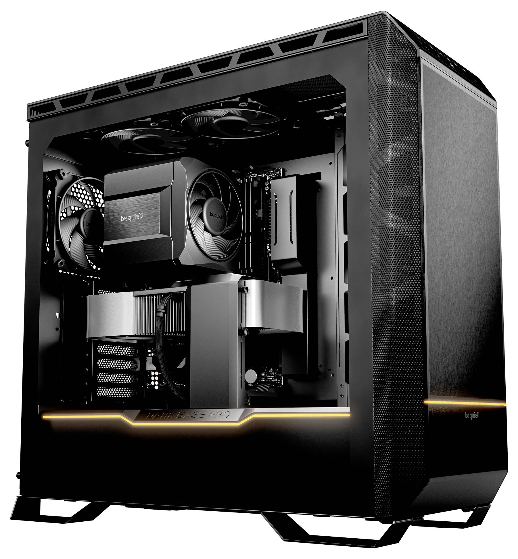 Open desktop PC tower with side panel removed, showing internal components and orange LED accent lighting in a black case.