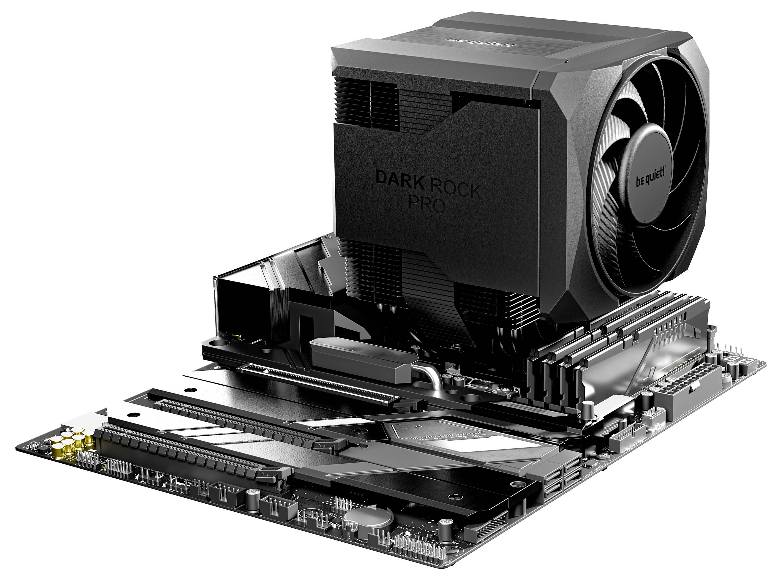 Motherboard with a large be quiet! Dark Rock Pro CPU cooler and attached components, shown on a white background.