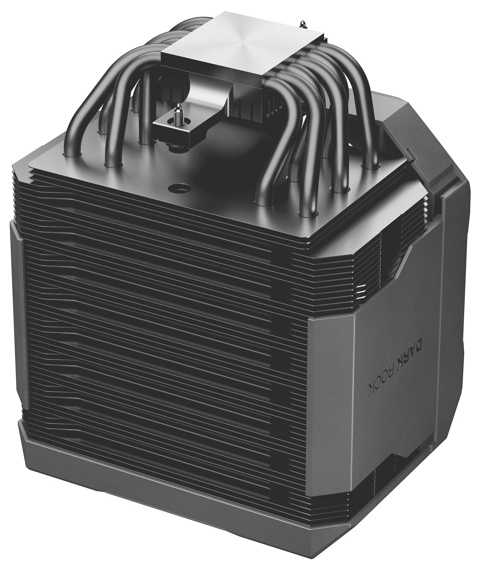 Black finned computer cooling block with multiple heat pipes and a top-mounted fan assembly, shown on a white background.