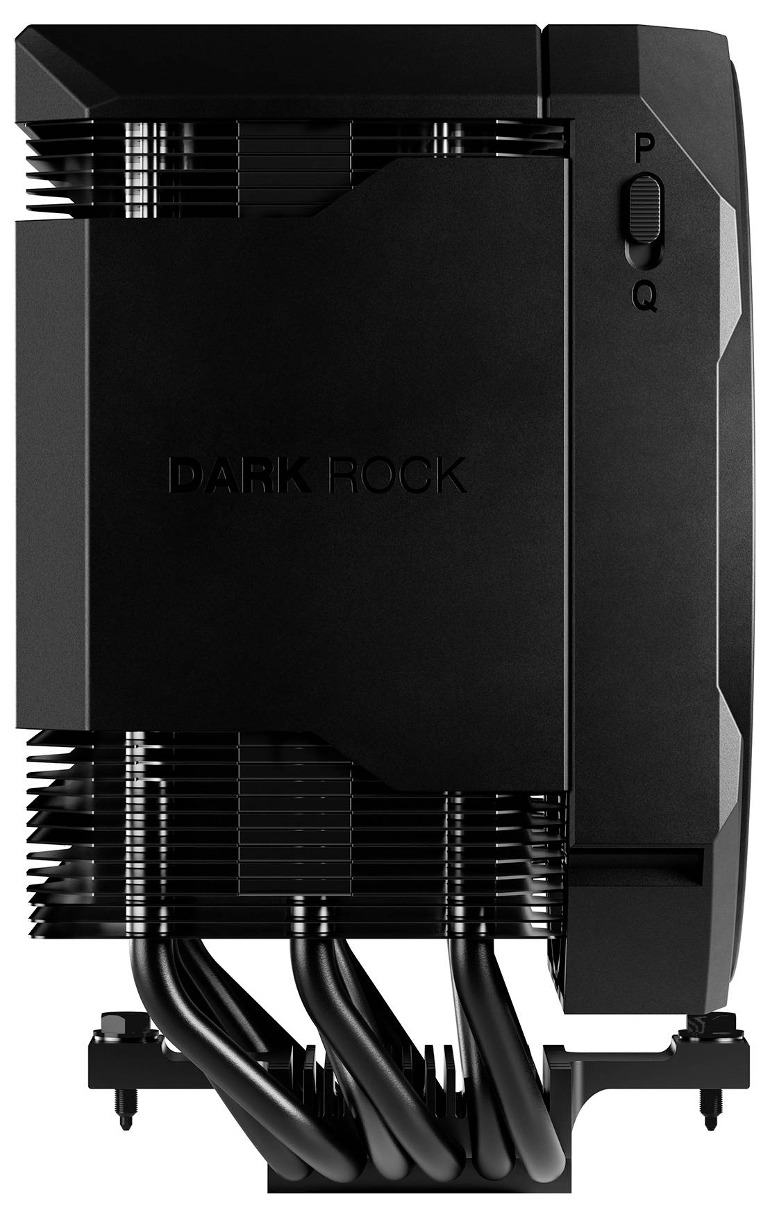 Black Dark Rock computer CPU air cooler with four heat pipes and a top fan switch, shown on a white background.