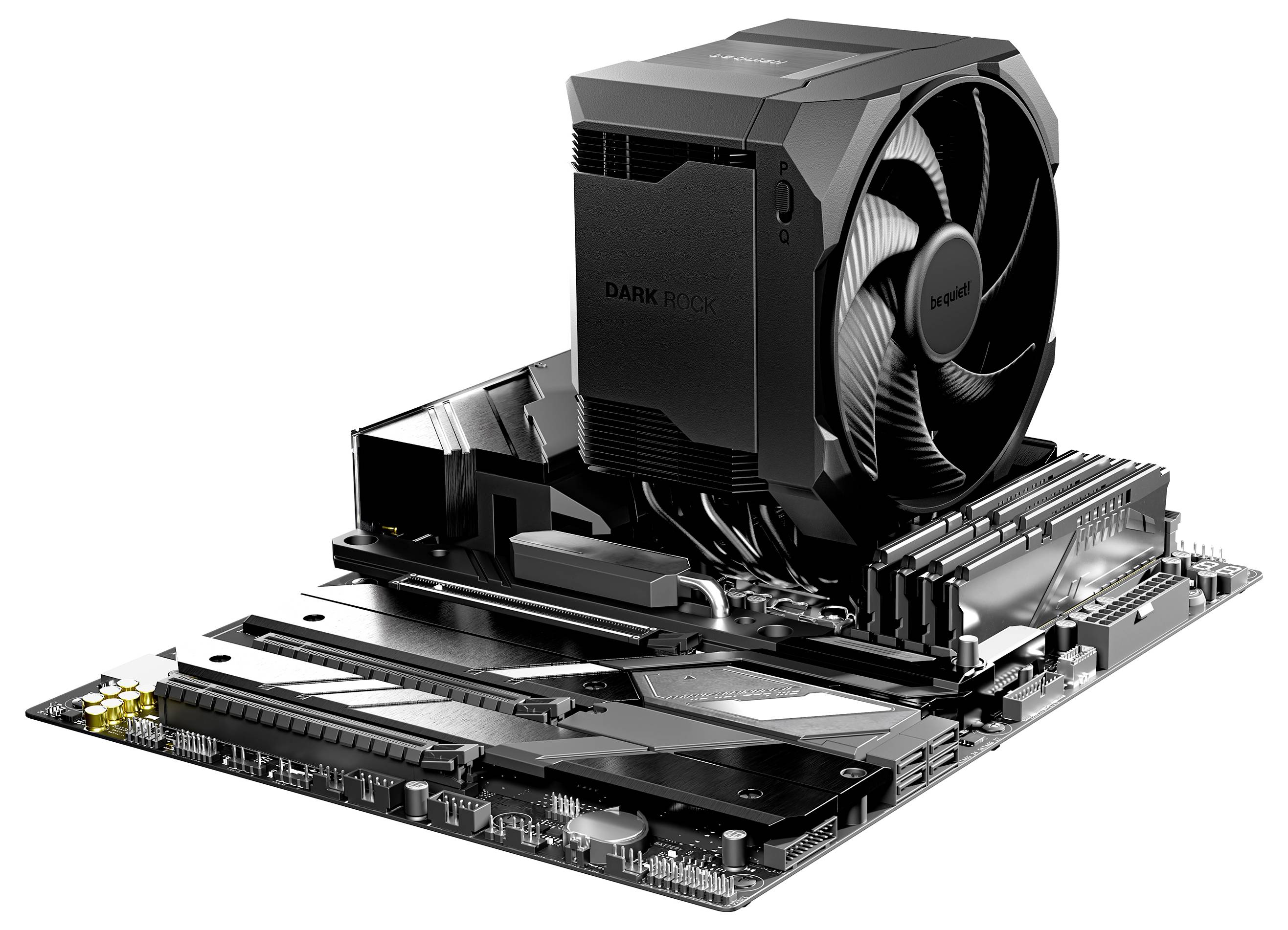Open PC motherboard with a large black CPU air cooler and black expansion card mounted, shown on a white background.
