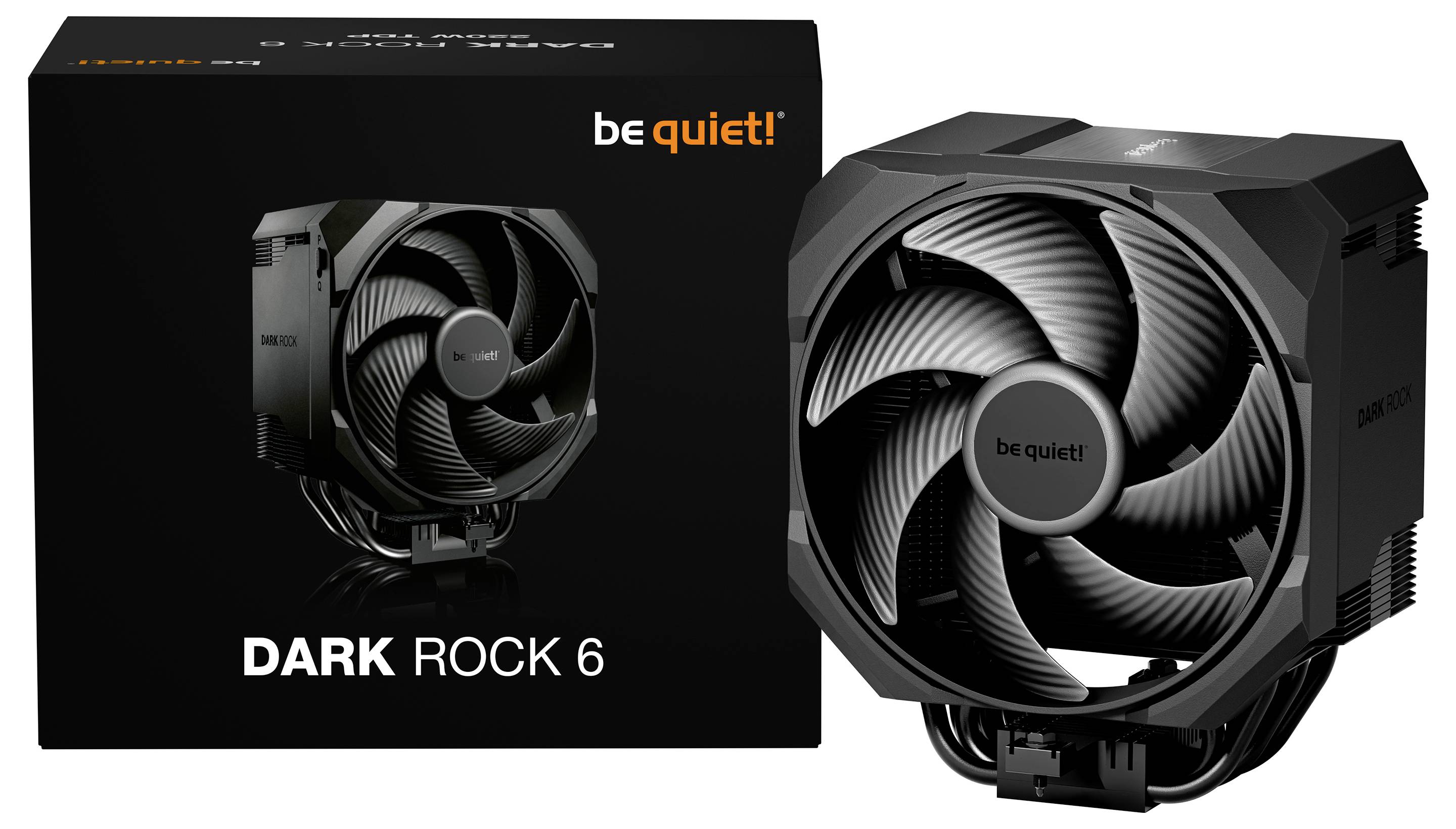 Product image of be quiet! Dark Rock 6 CPU air cooler with box shown beside the black fan and heatsink.
