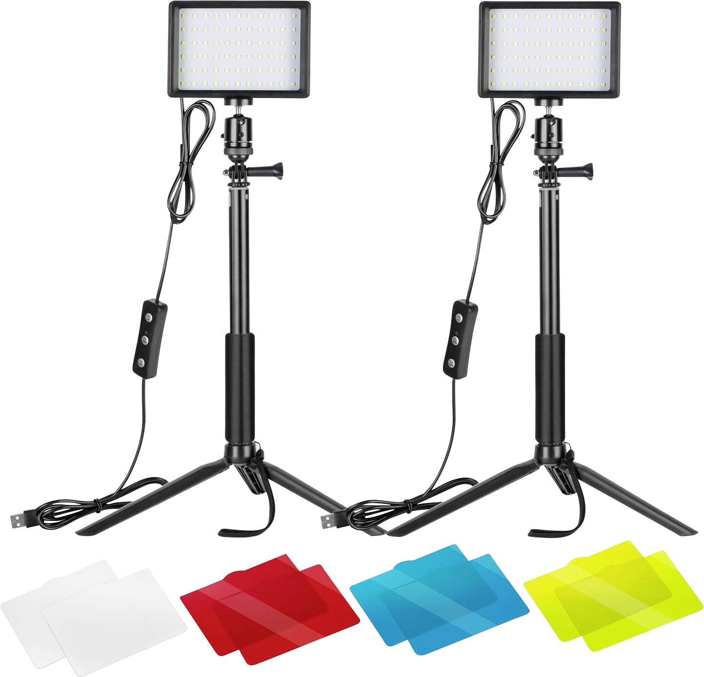 Two portable LED panel lights on tripods with power cords and inline switches, plus four color filter sets: white, red, blue, and yellow.
