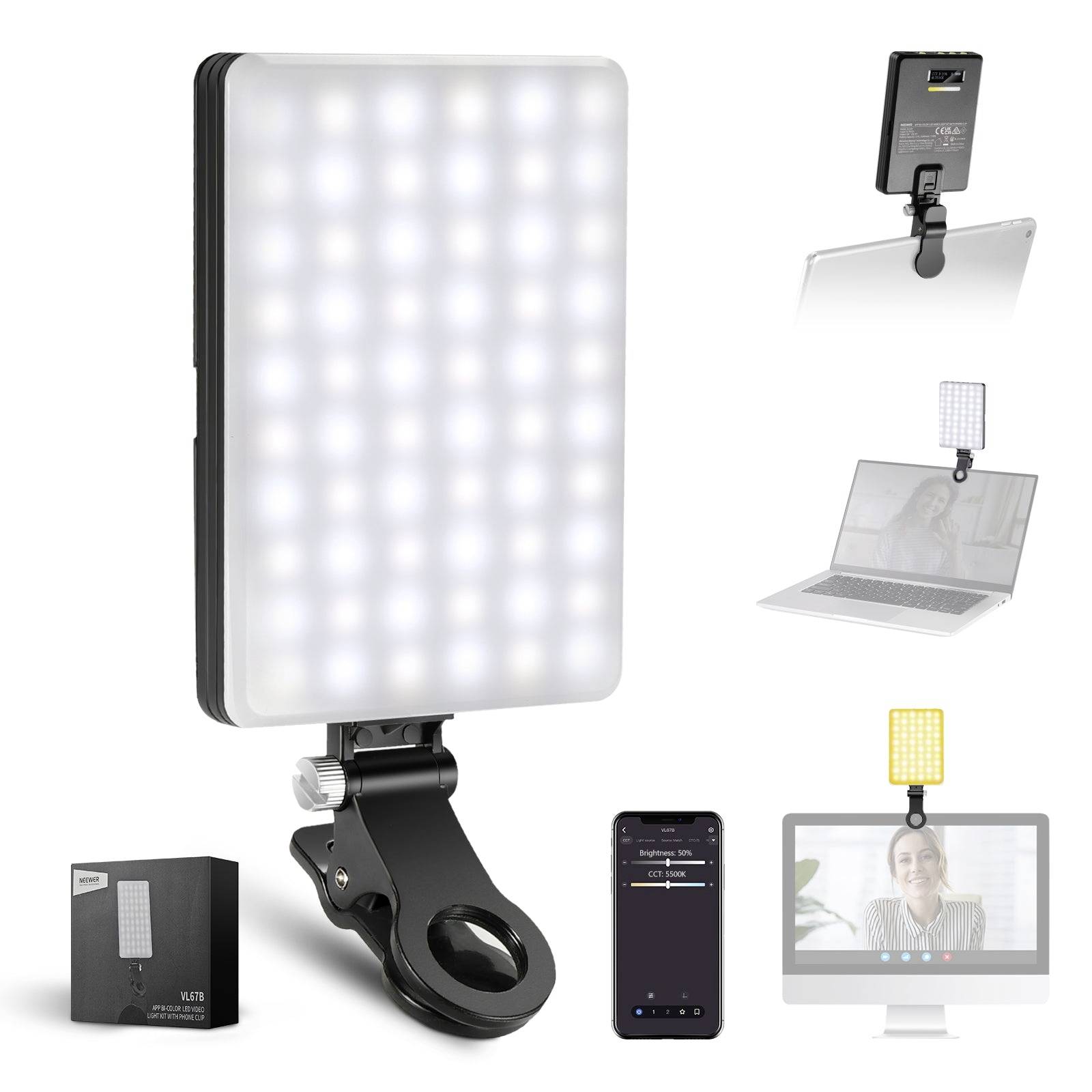 Portable clip-on LED video light with phone app control, shown mounted on a laptop, monitor, and tablet for webcam or streaming use.