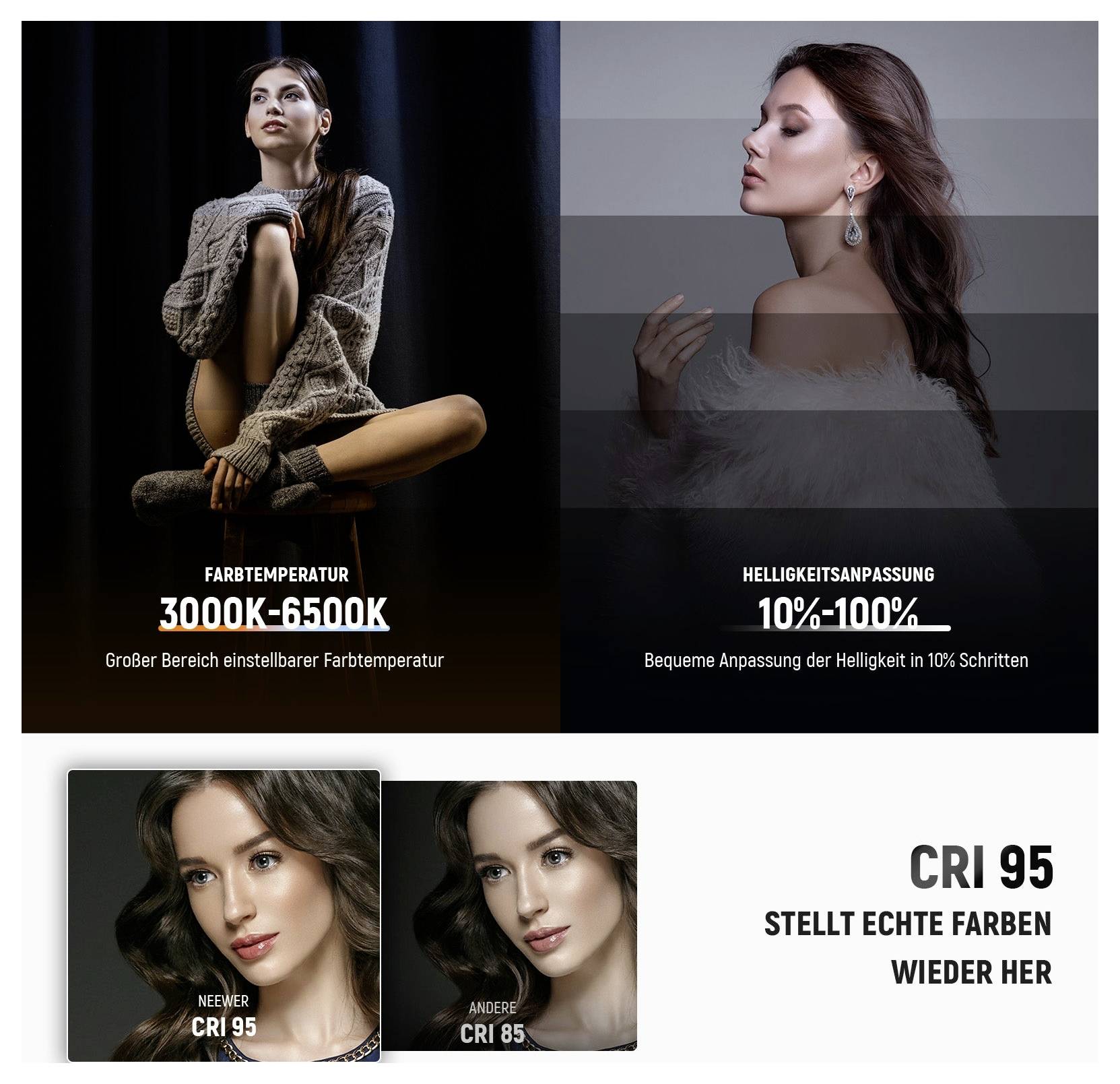 Promotional lighting comparison graphic showing color temperature 3000K-6500K, brightness adjustment 10%-100%, and CRI 95 restoring true colors versus CRI 85.