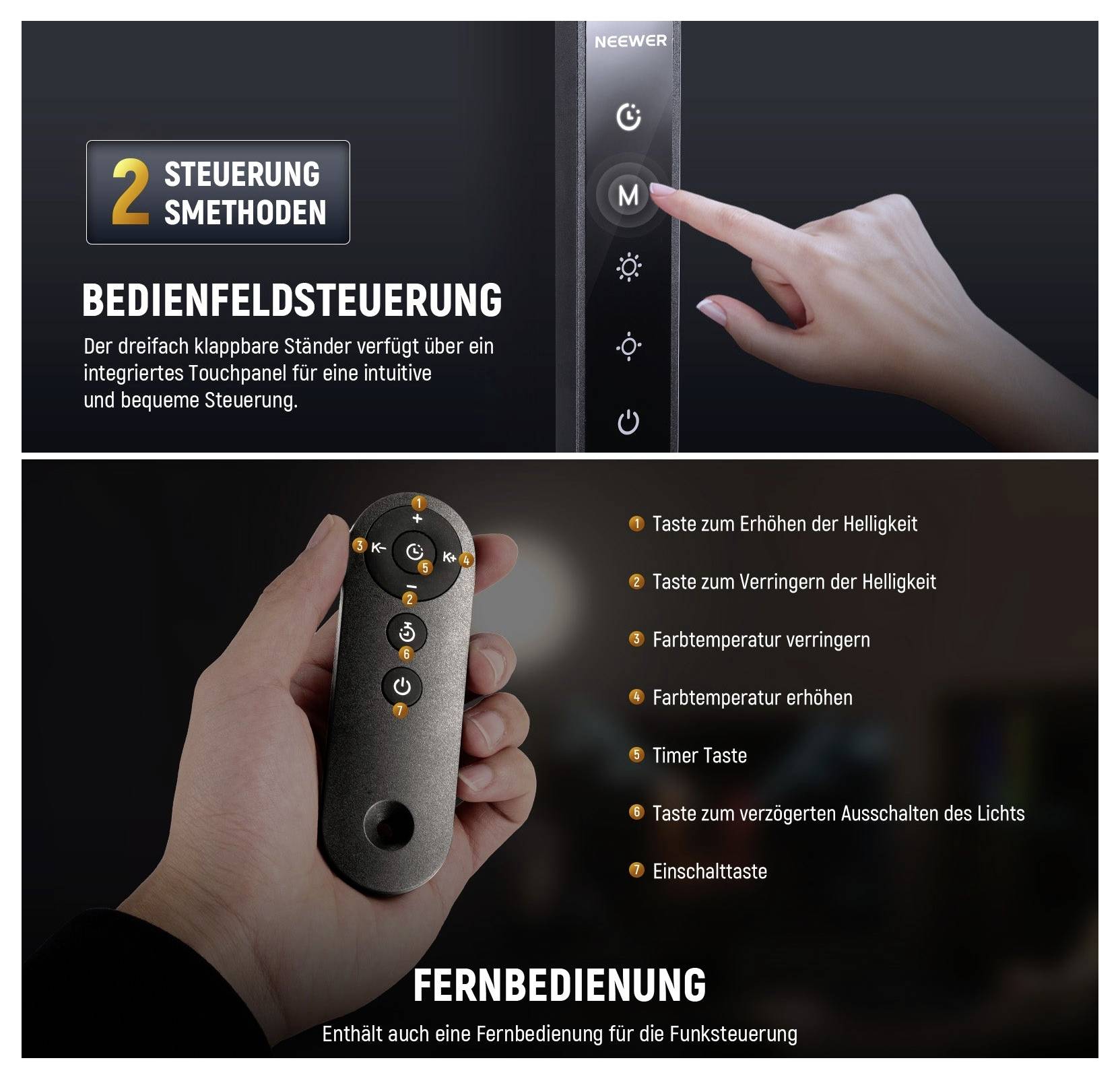German product graphic showing '2 Steuerung Methoden': touch panel control on a lamp stand and a handheld remote with buttons for brightness, color temperature, delay off, and power.