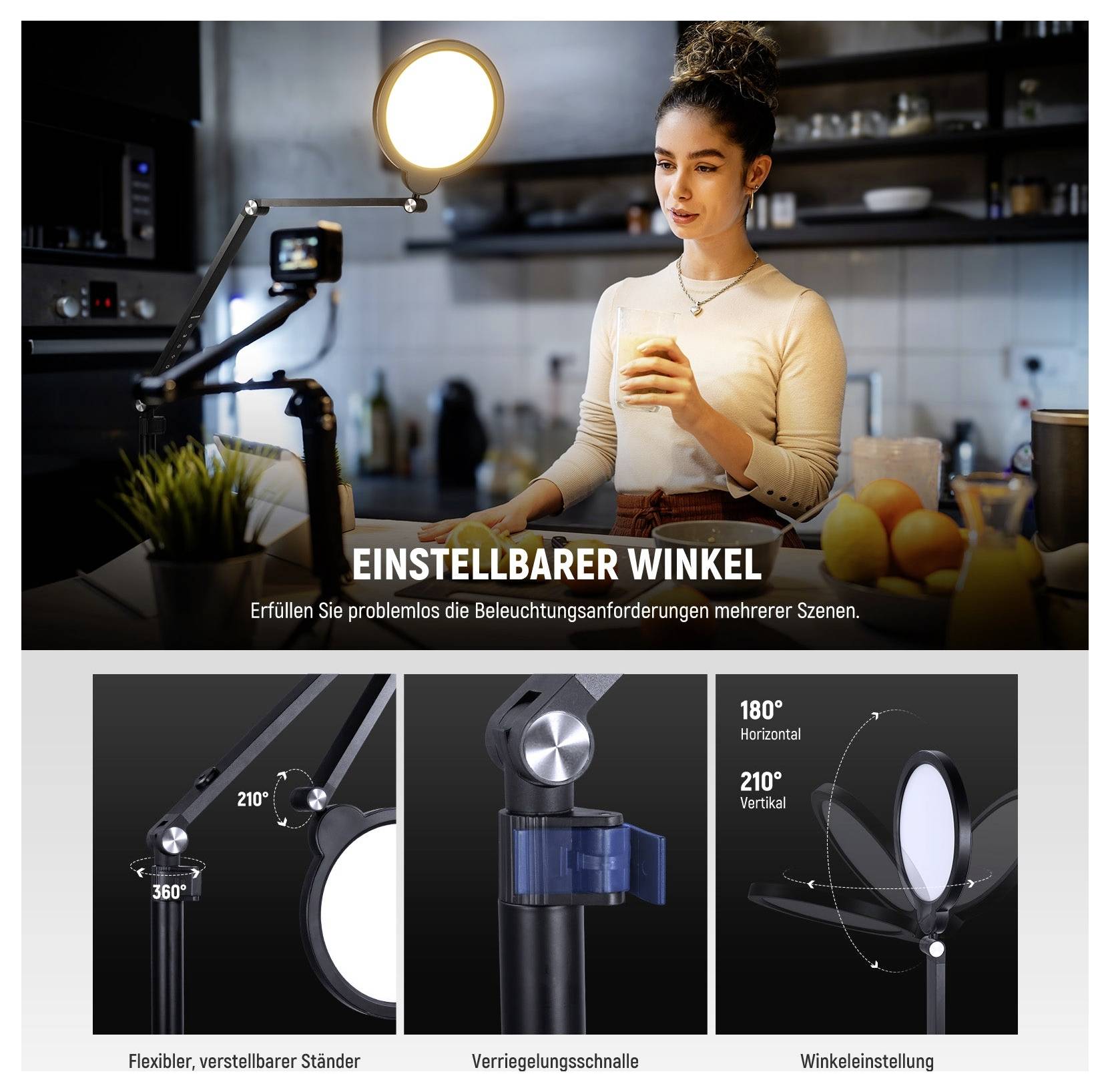 Product image of an adjustable ring light with flexible stand, locking clamp, and 180° horizontal/210° vertical angle adjustment for multi-scene lighting.