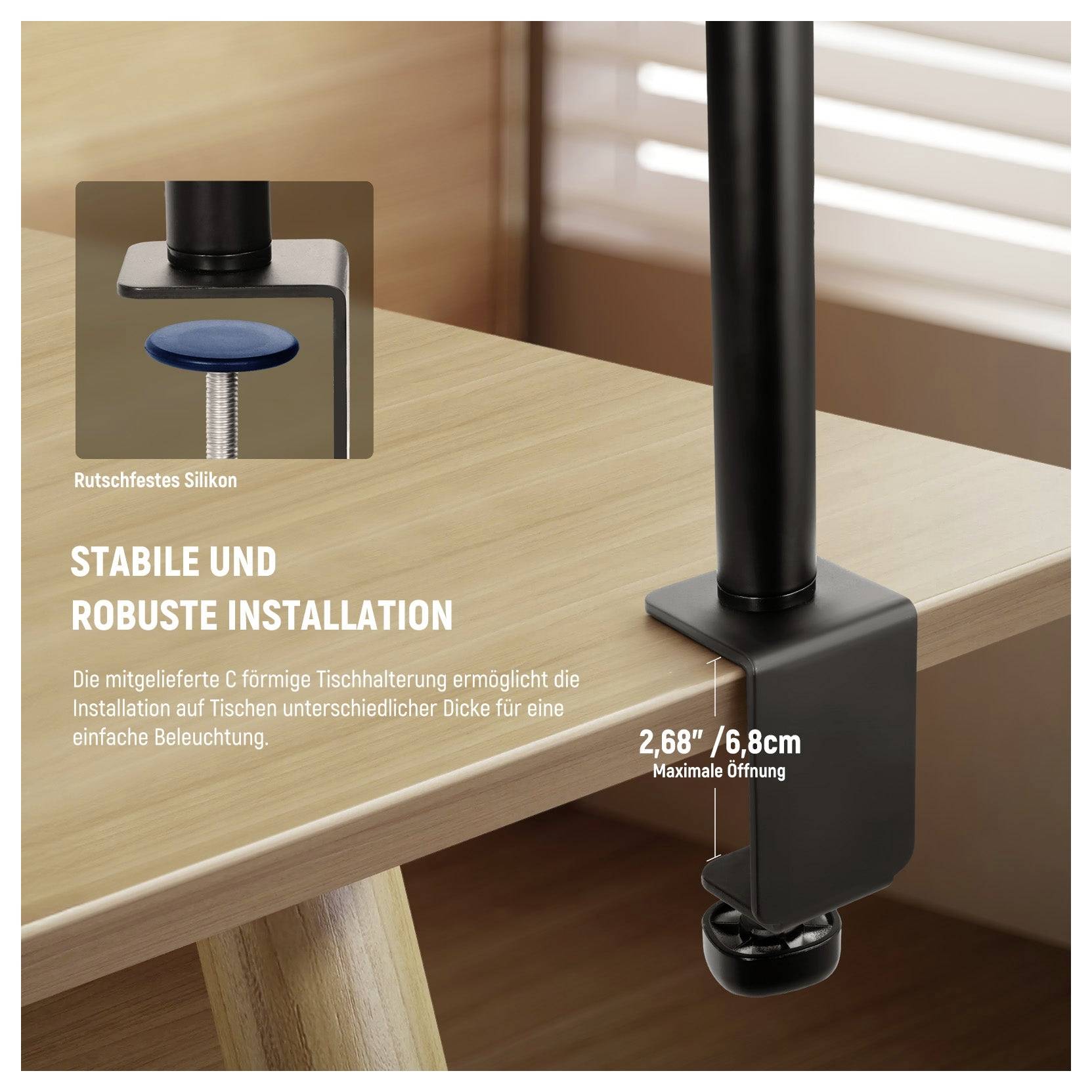 Clamp-style lamp mount with non-slip silicone pad, showing stable installation on a tabletop and a maximum opening of 2.68 in/6.8 cm.