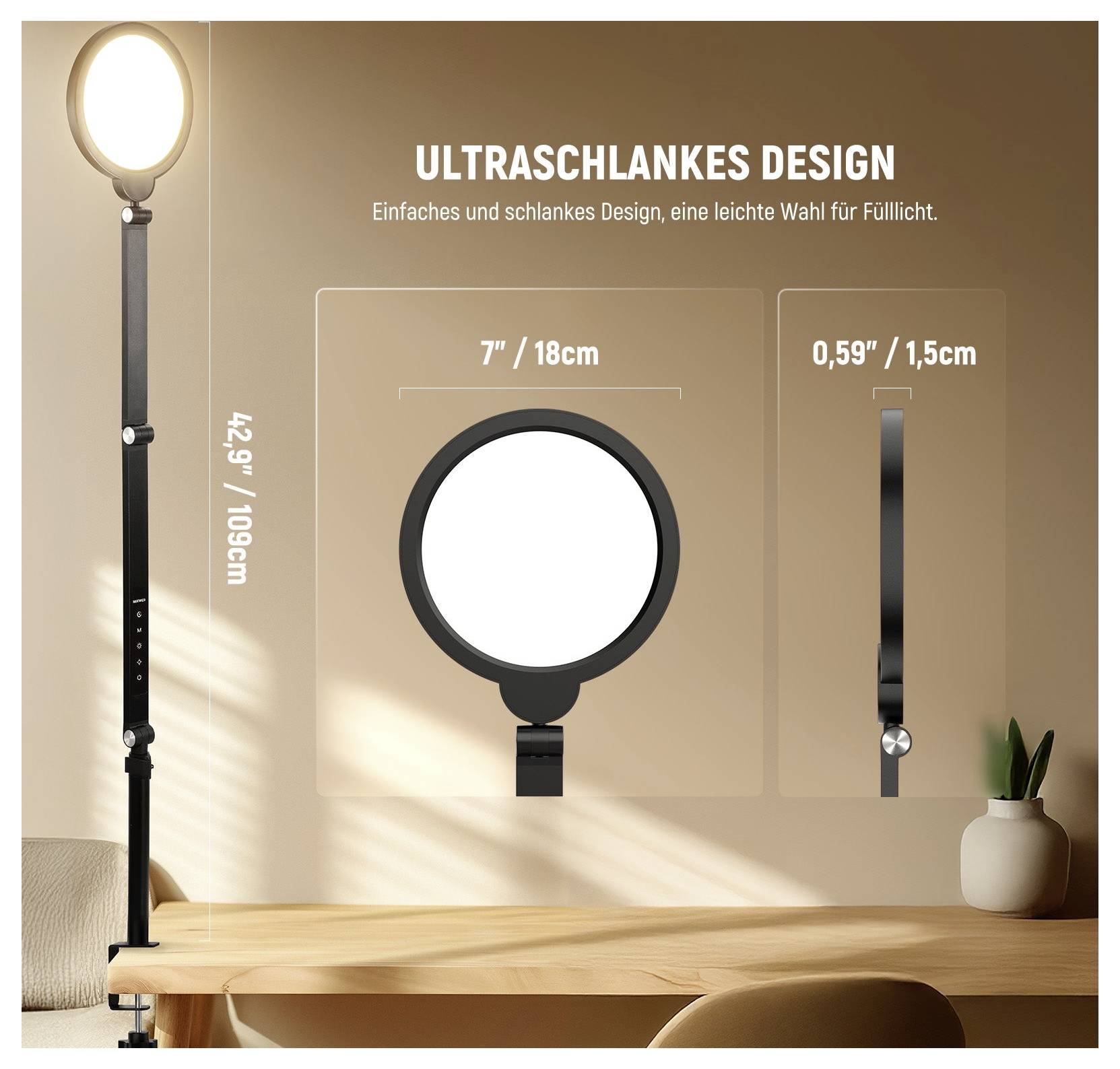 Product image of an ultra-slim ring light, showing the full stand, round lamp head, and size labels: 42.9 in tall, 7 in diameter, 0.59 in thick.
