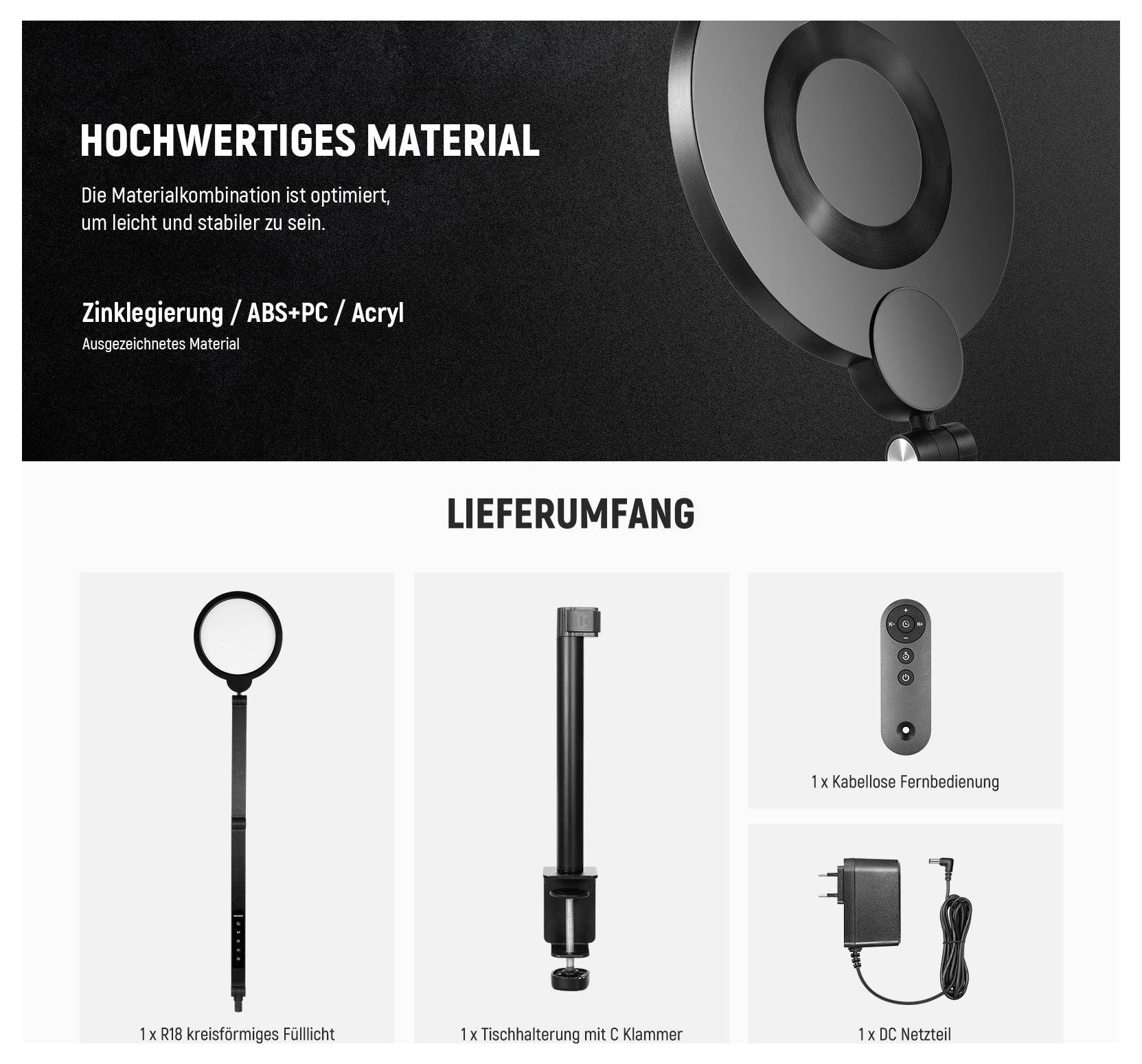 German product graphic showing 'Hochwertiges Material' and 'Lieferumfang' with a ring light, desk mount, remote, and DC power adapter.