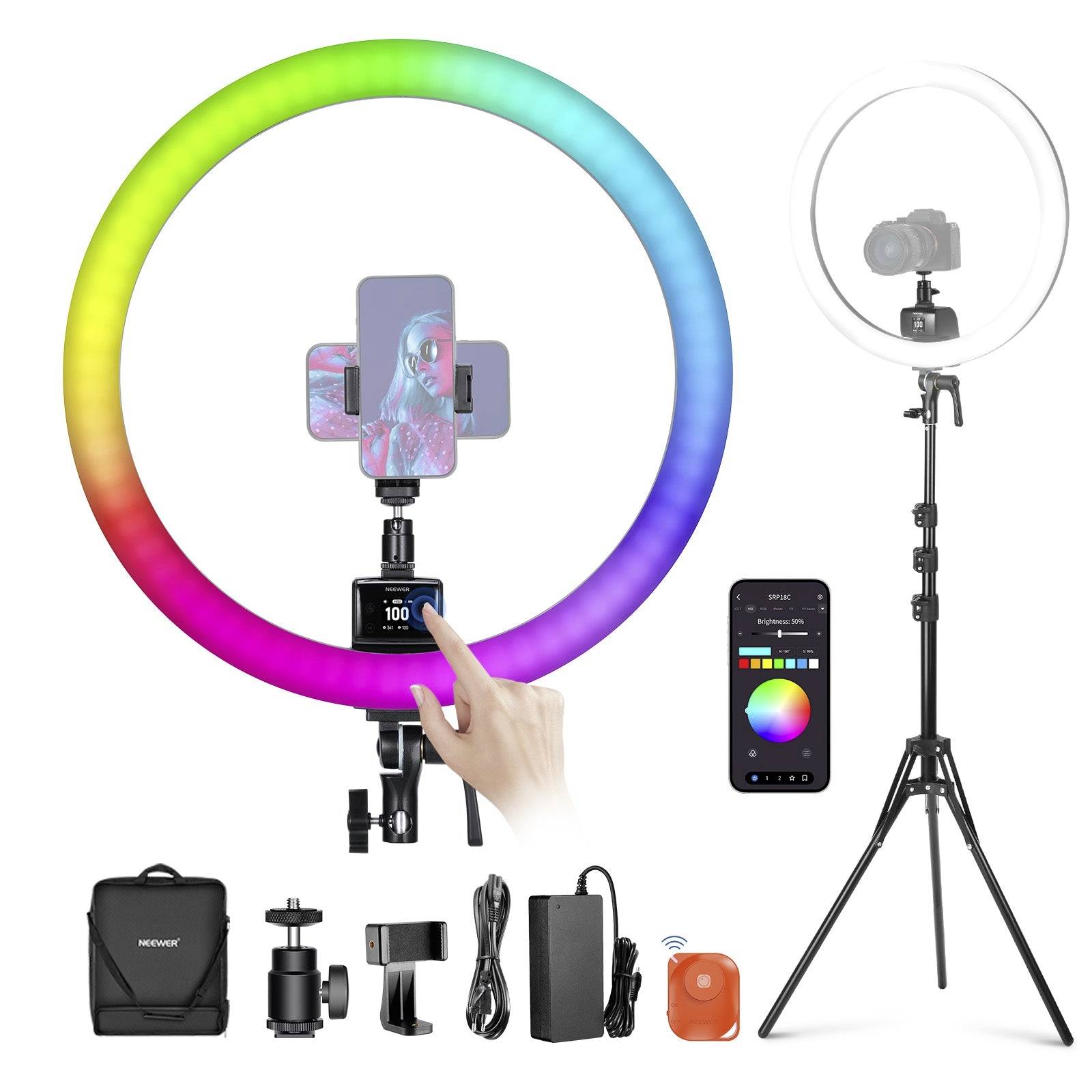 Product image of a ring light and smartphone/camera tripod kit with remote app control, shown with included accessories and adjustable stand.