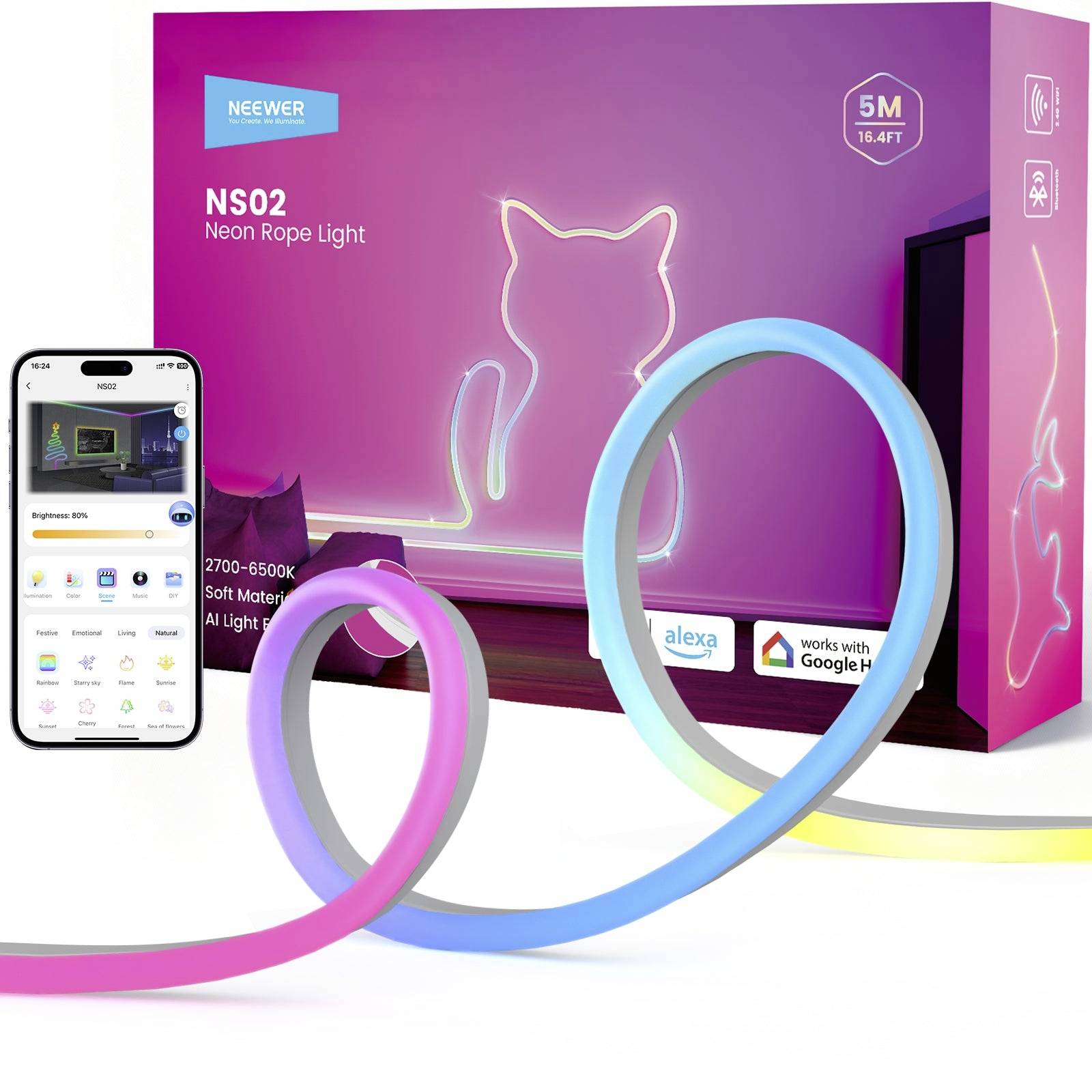 Packaging for 'NEEWER NS02 Neon Rope Light' showing a multicolor LED rope light, smartphone app control, and Alexa/Google Home compatibility.