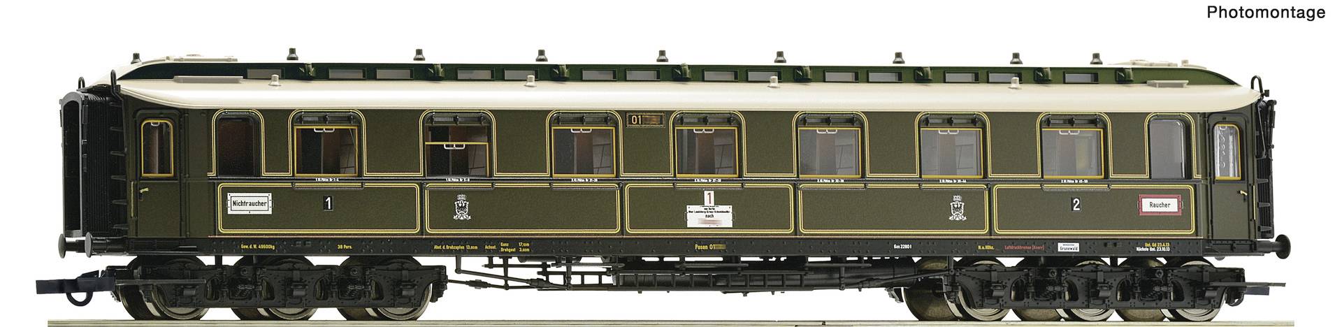 Side view of a dark green vintage railway carriage with gold trim and the number 1, shown as a photomontage on a white background.