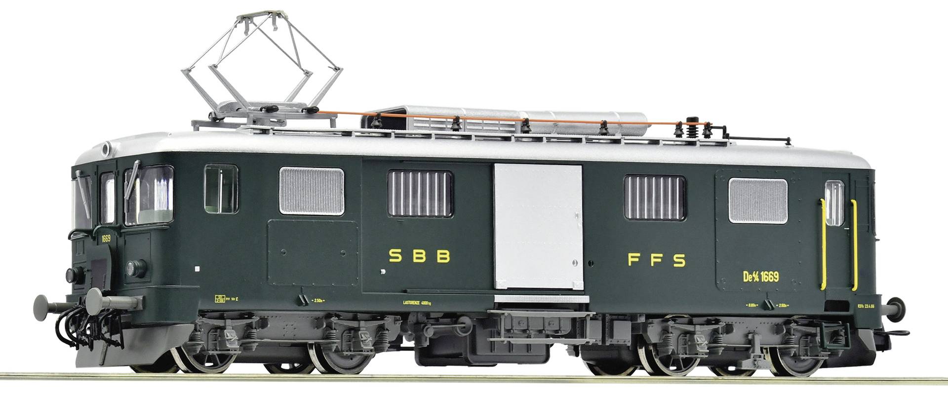 Side view of a dark green SBB FFS electric locomotive, with raised pantograph and yellow markings, isolated on a white background.
