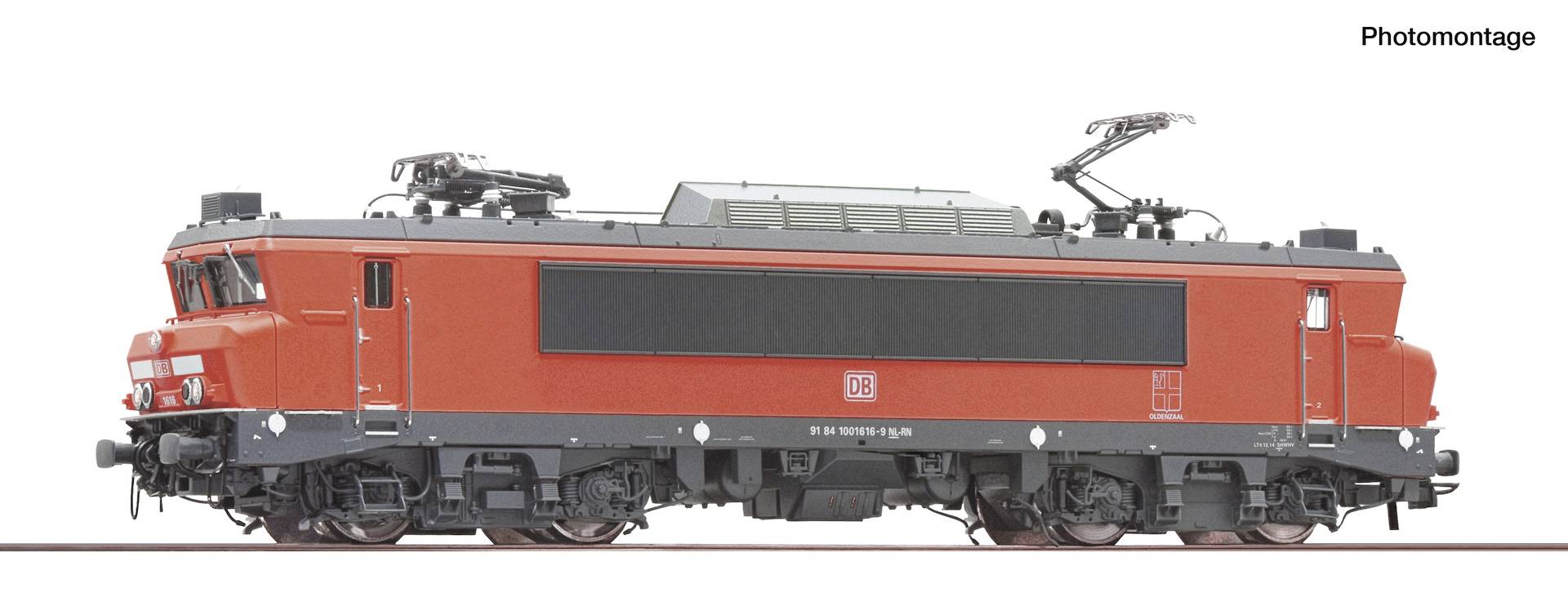 Side view of a red electric locomotive with black roof equipment and raised pantographs, labeled 'Photomontage' on a white background.