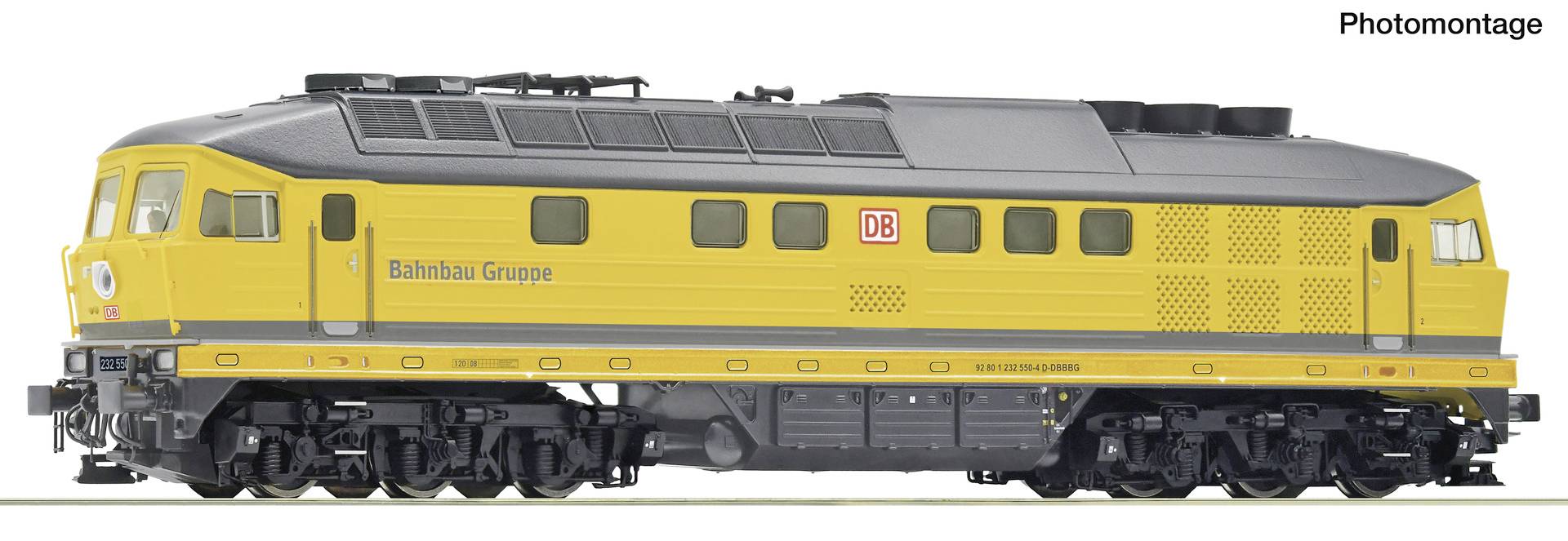 Yellow and gray Bahnbau Group diesel locomotive shown in side view, labeled with DB logo and 'Bahnbau Gruppe'.