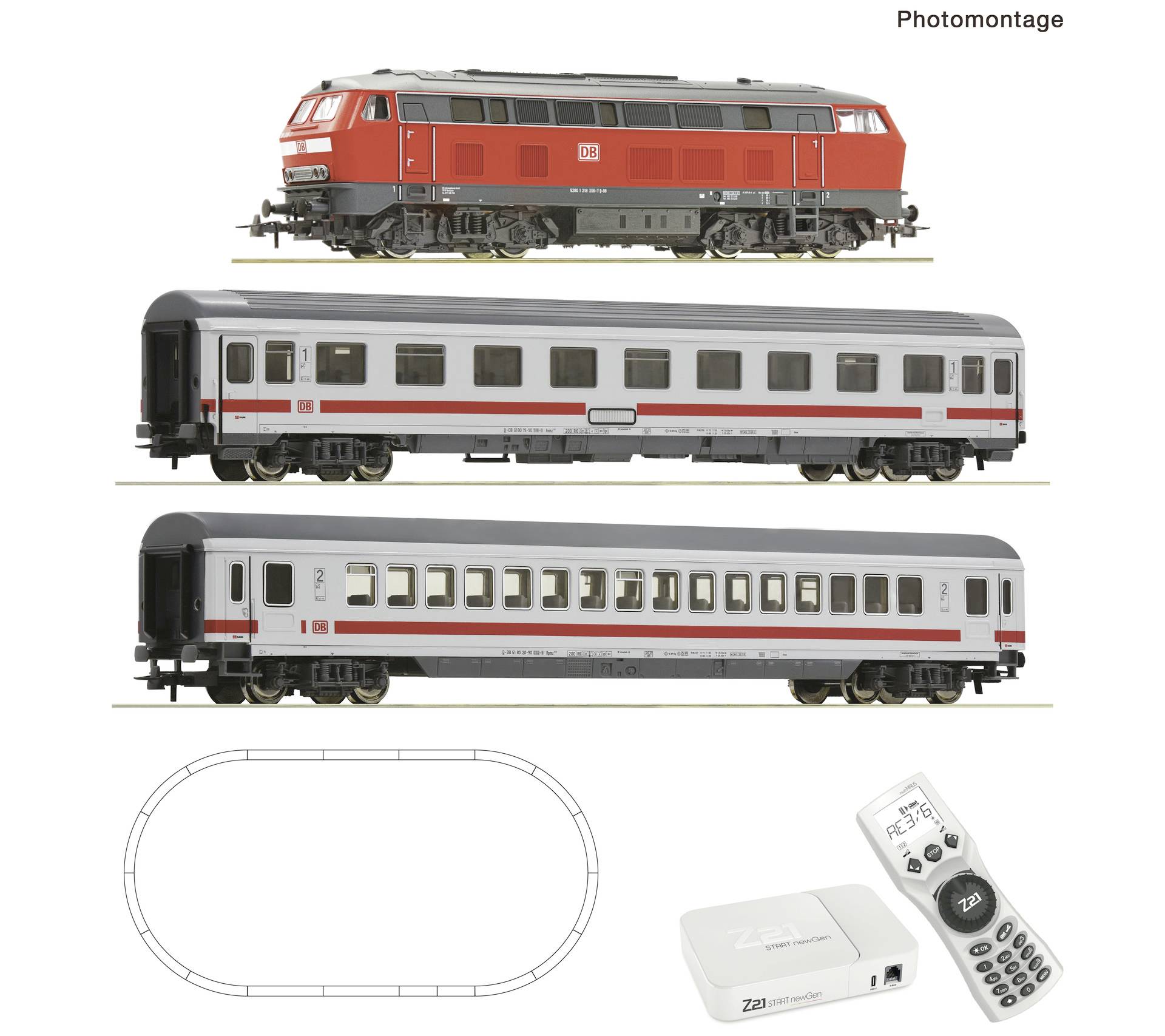 Photomontage of three model railway cars and locomotives, with a simple oval track diagram and a remote control beside a white device.