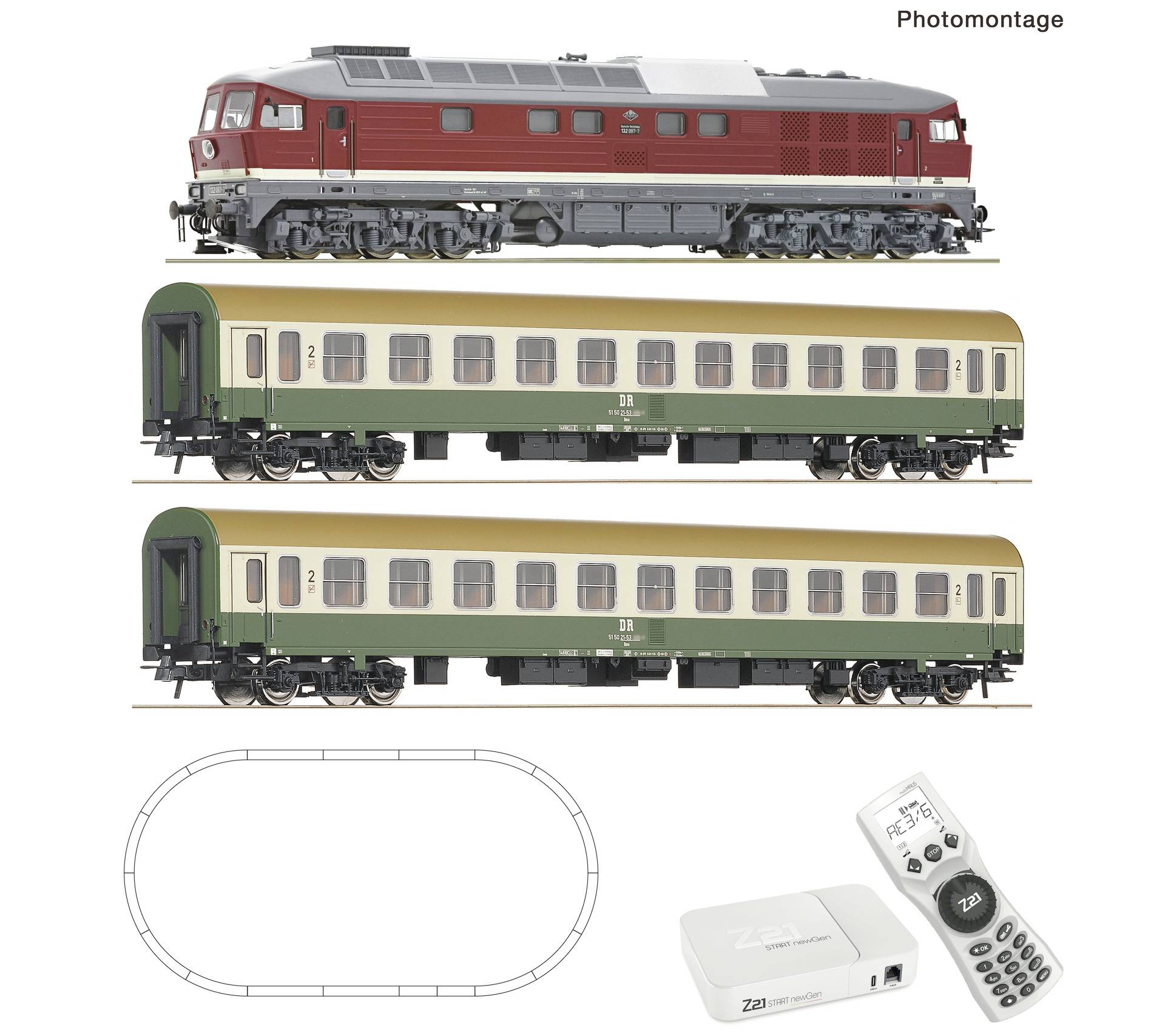 Photomontage of a model train set: a red locomotive with two cream-and-green passenger cars, track layout outline, and Z21 controller with remote.