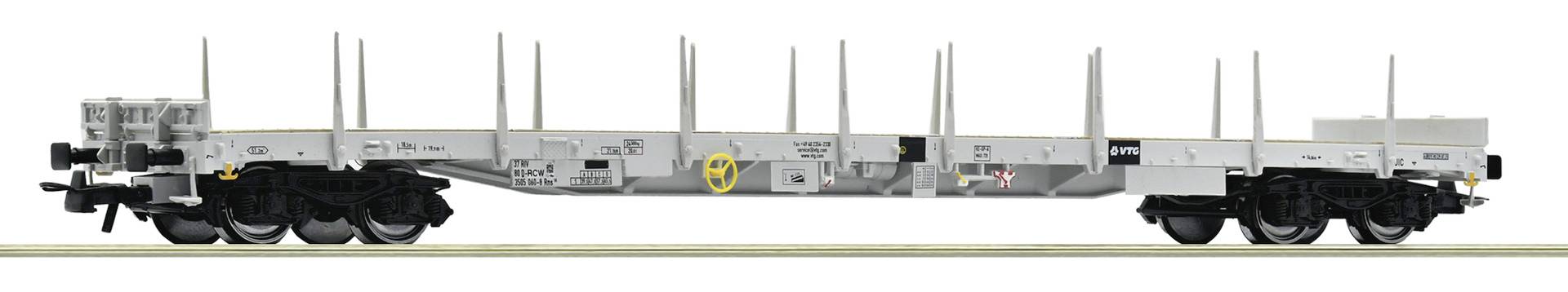 Side view of a flatbed railcar with black end sections, multiple upright posts, and a yellow wheel symbol on the center frame.